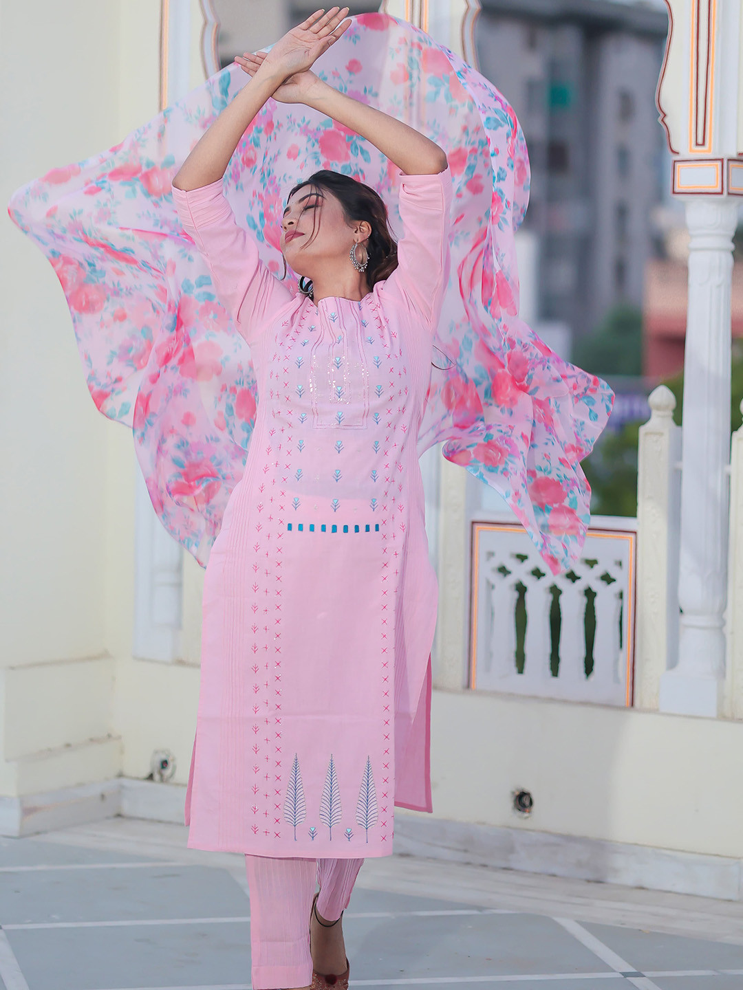 Ramas Women Pink Embroidered Sequinned Pure Cotton Kurta with Trousers & With Dupatta
Ramas Women Pink Embroidered Sequinned Pure Cotton Kurta with Trousers & With Dupatta