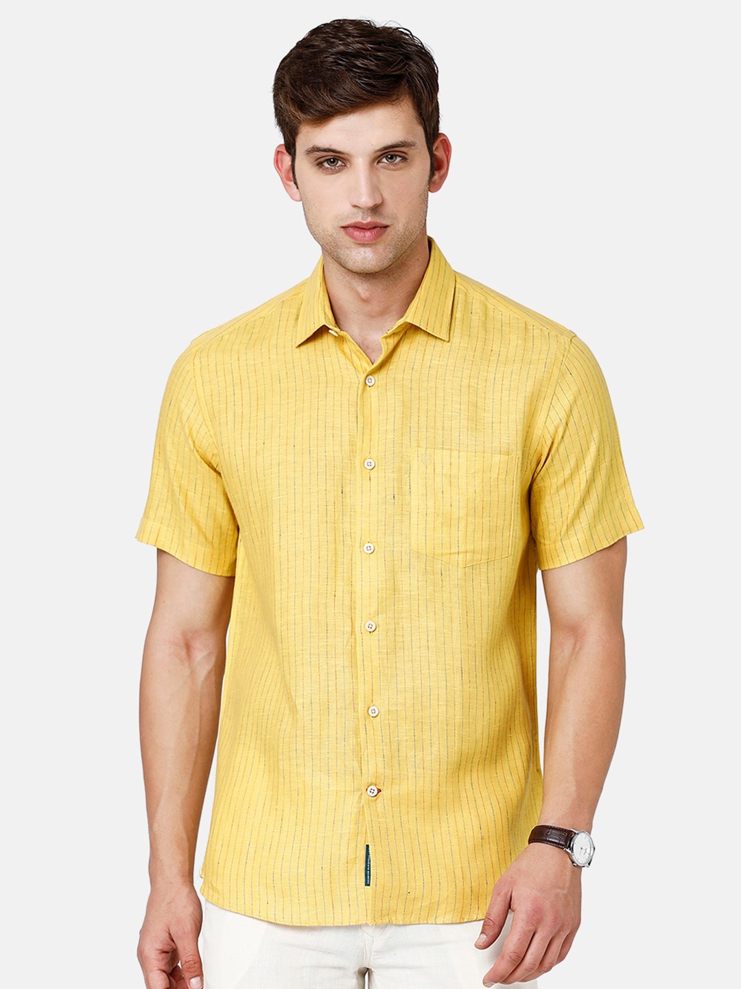 Linen Club Spread Collar Casual Linen Shirt, Yellow