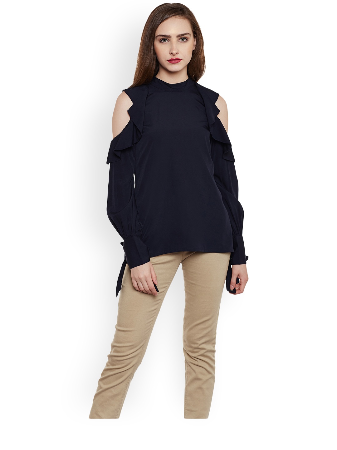 WISSTLER Women Navy Blue Cold-Shoulder Solid Top