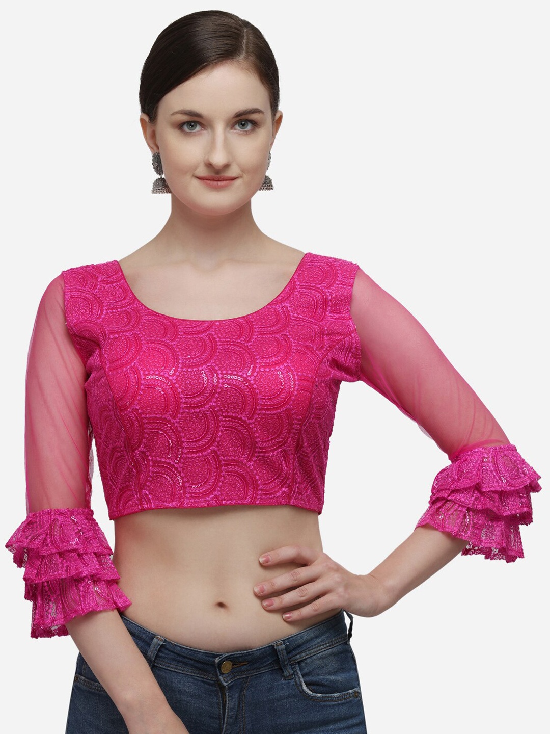 Fab Dadu Printed Embroidered Saree Blouse, Pink