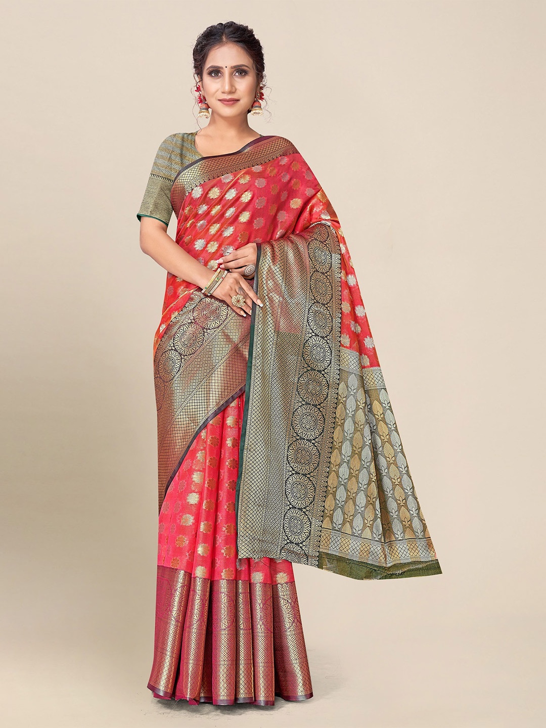 elora Floral Woven Design Tissue Kota Zari Saree, Red
