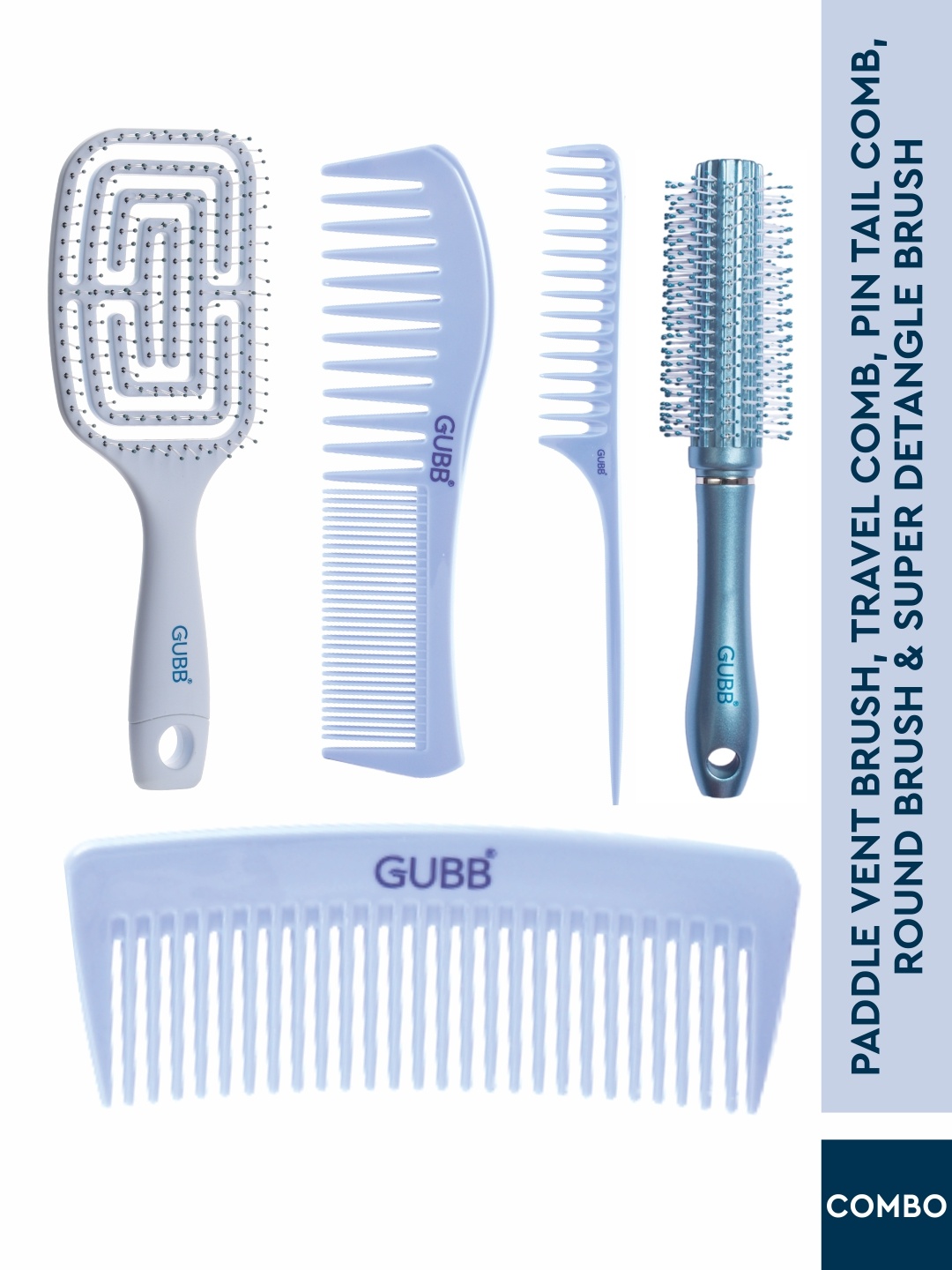 GUBB Set of Paddle Vent Brush+Travel Comb+Pin Tail Comb+Round Brush+Super Detangle Brush, Blue
GUBB Set of Paddle Vent Brush+Travel Comb+Pin Tail Comb+Round Brush+Super Detangle Brush, Blue