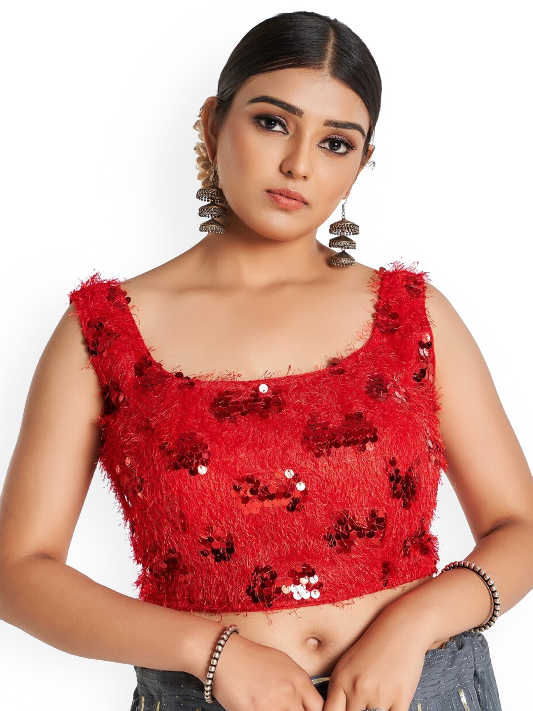 HIMRISE Embellished Cotton Saree Blouse, Red