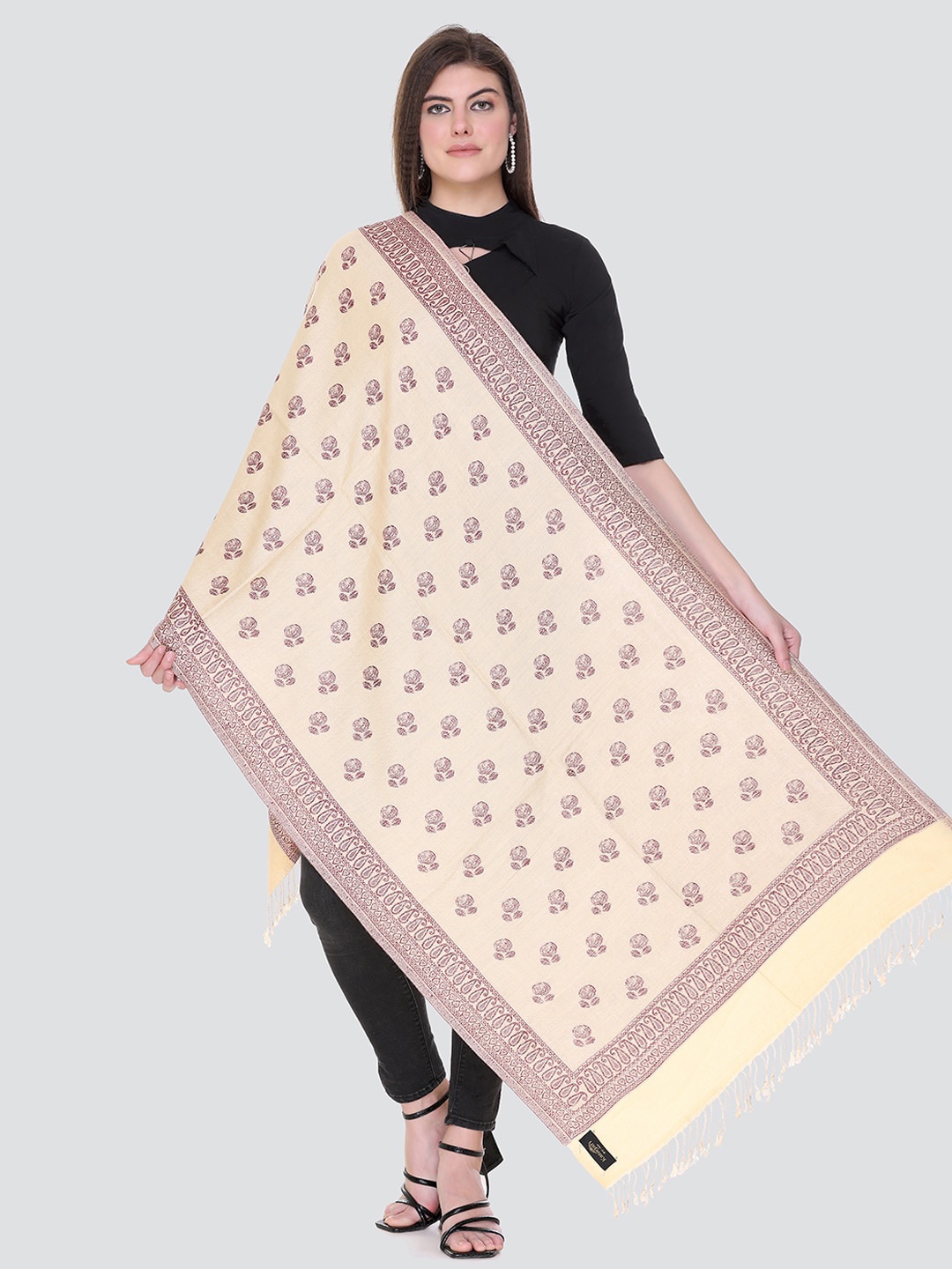 KANIGARI Women Woven Design Wool Stole, Nude