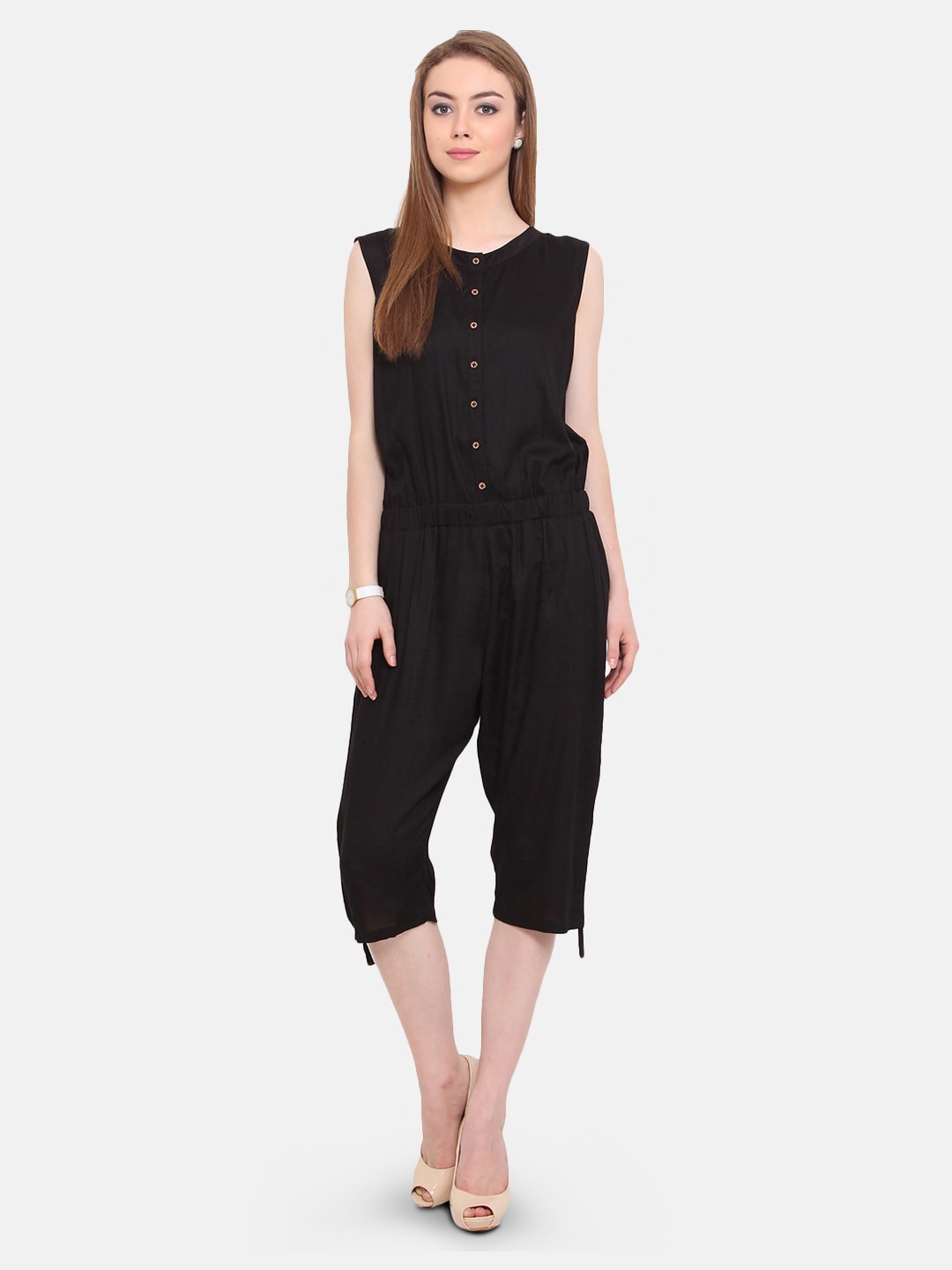 Porsorte Round Neck Sleeveless Capri Jumpsuit, Black