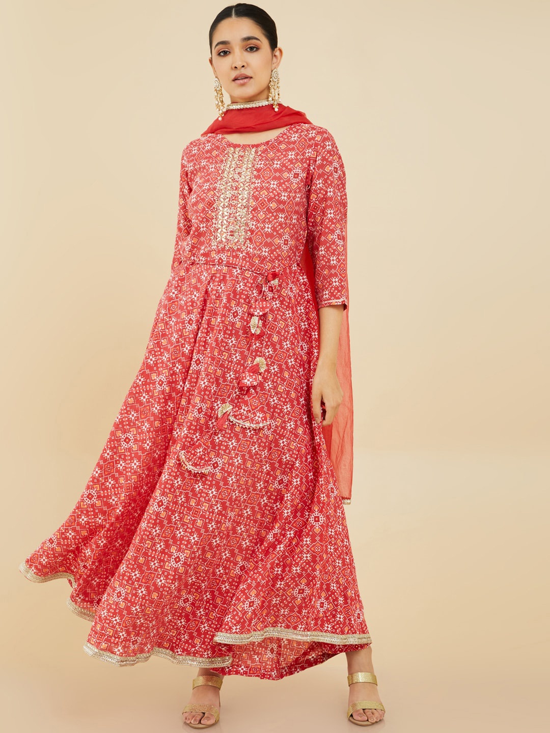 Soch Ethnic Motifs Printed Empire Kurta with Trousers & Dupatta, Coral