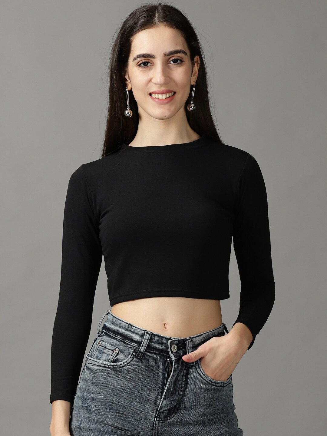 SHOWOFF Boat Neck Fitted Crop Top, Black