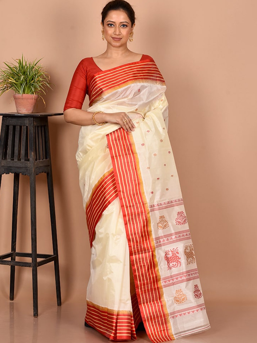 AllSilks Woven Design Pure Silk Saree, Cream