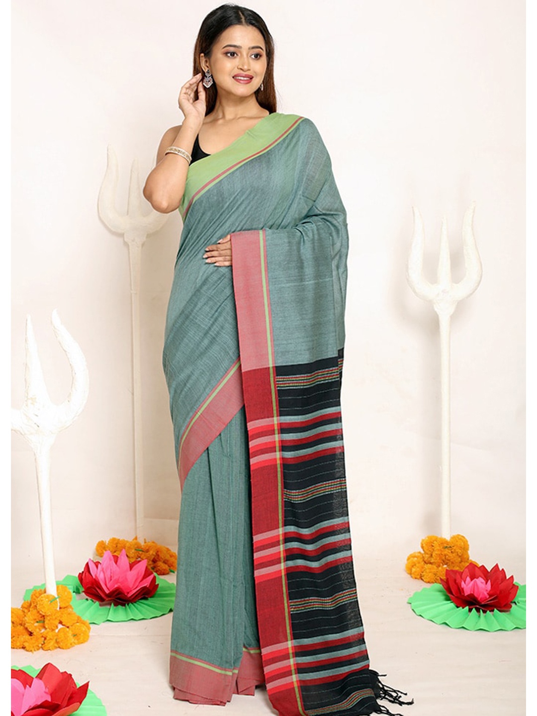 AllSilks Green & Black Striped Silk Blend Saree