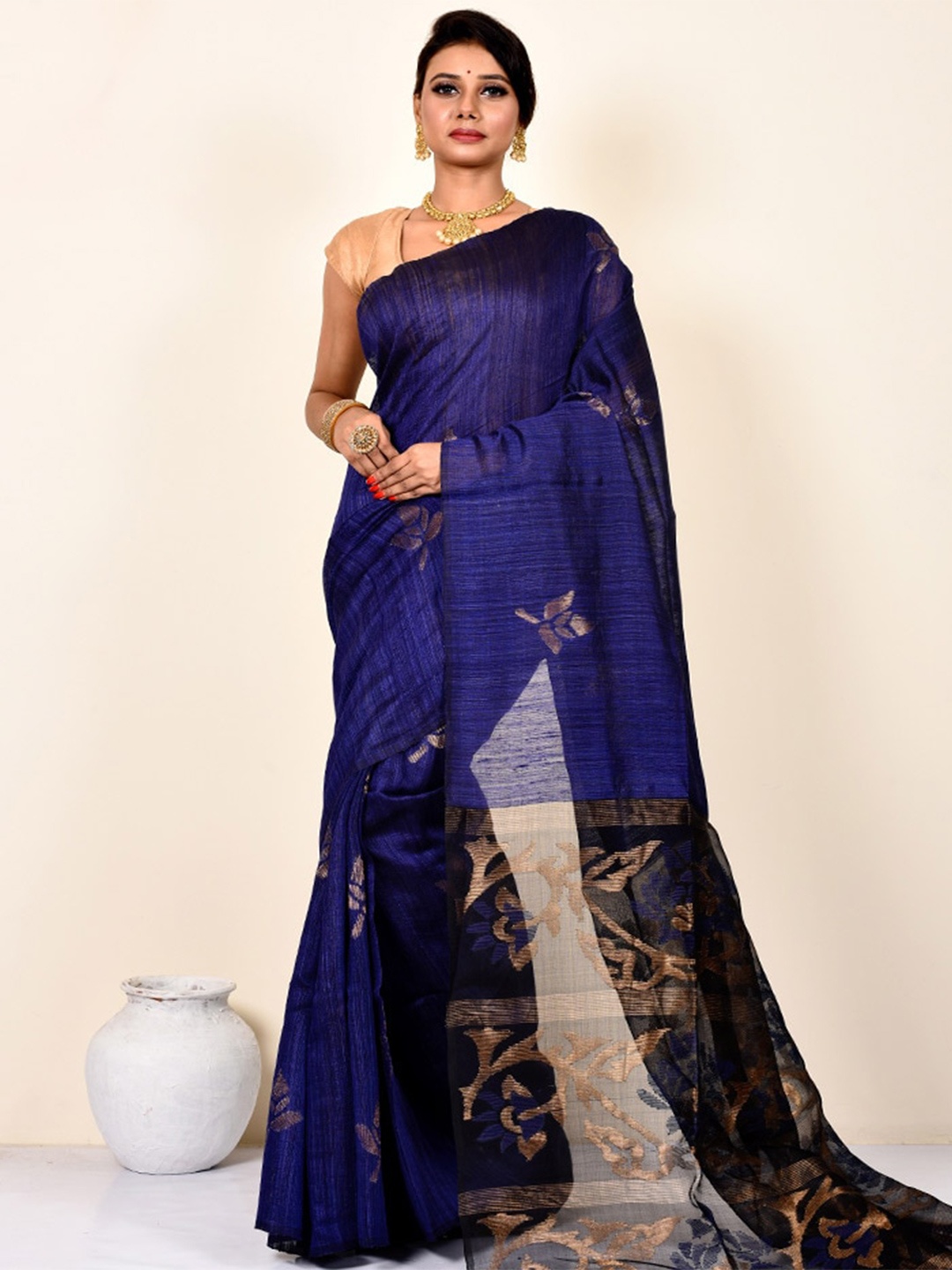 AllSilks Floral Zari Pure Silk Saree, Blue