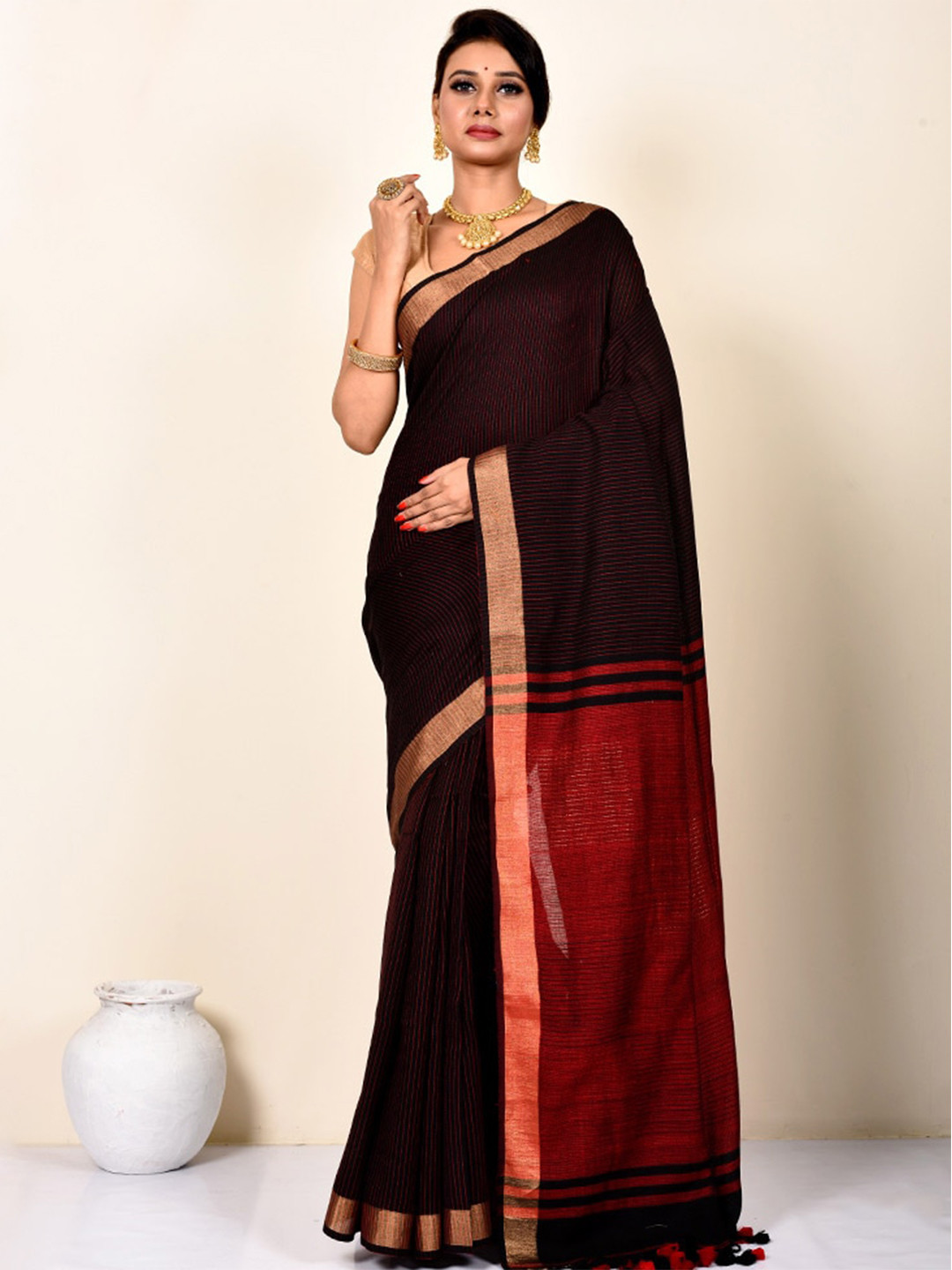 AllSilks Striped Silk Blend Saree, Black
AllSilks Striped Silk Blend Saree, Black