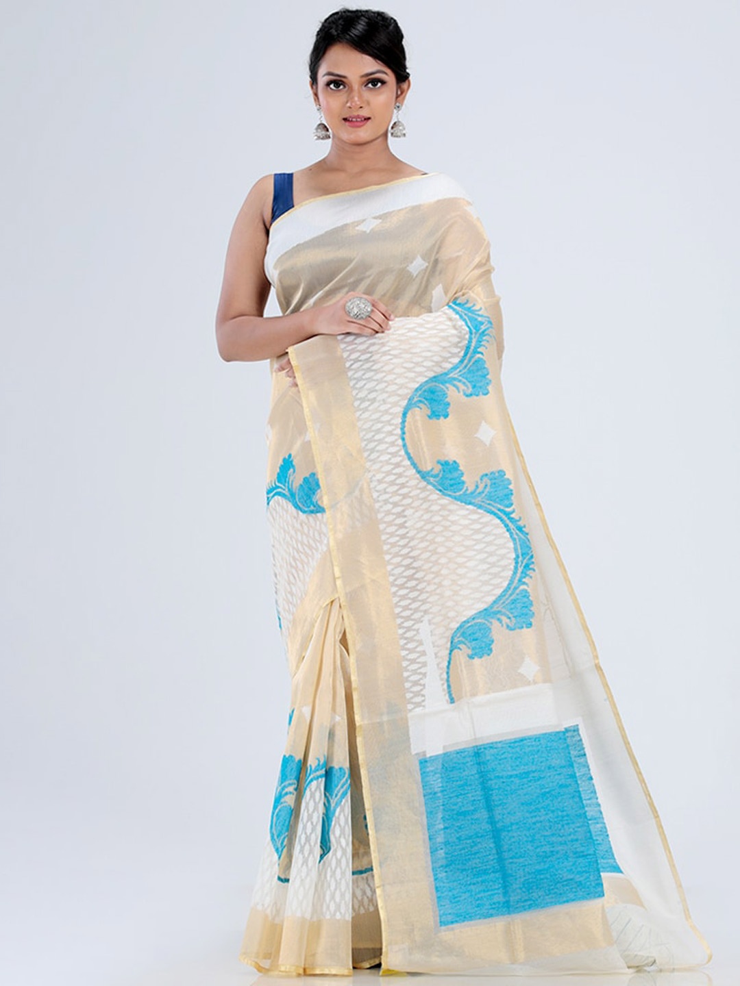 AllSilks Woven Design Net Saree, Cream