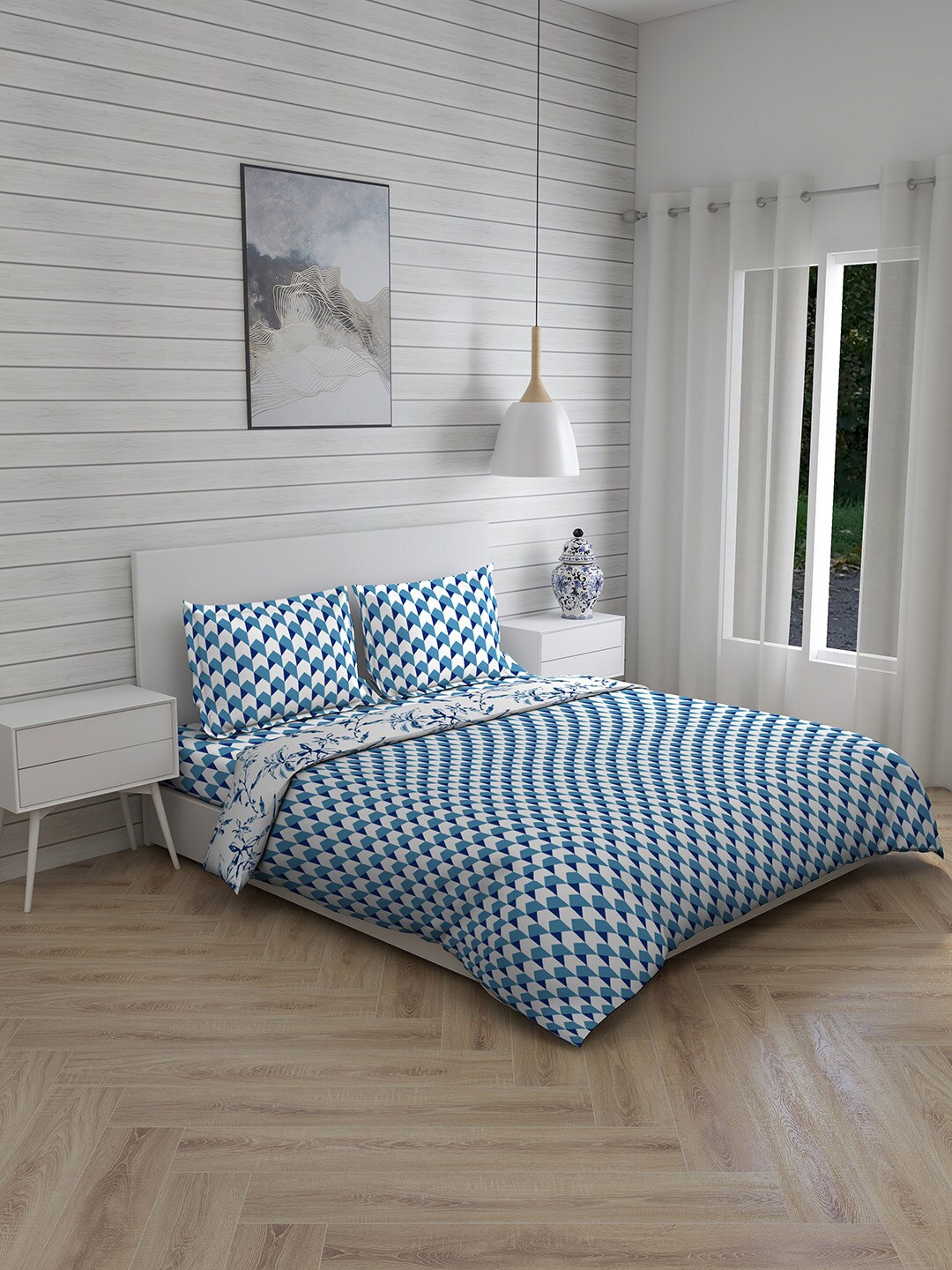 Layers Printed Cotton Double Queen Bedding Set, White