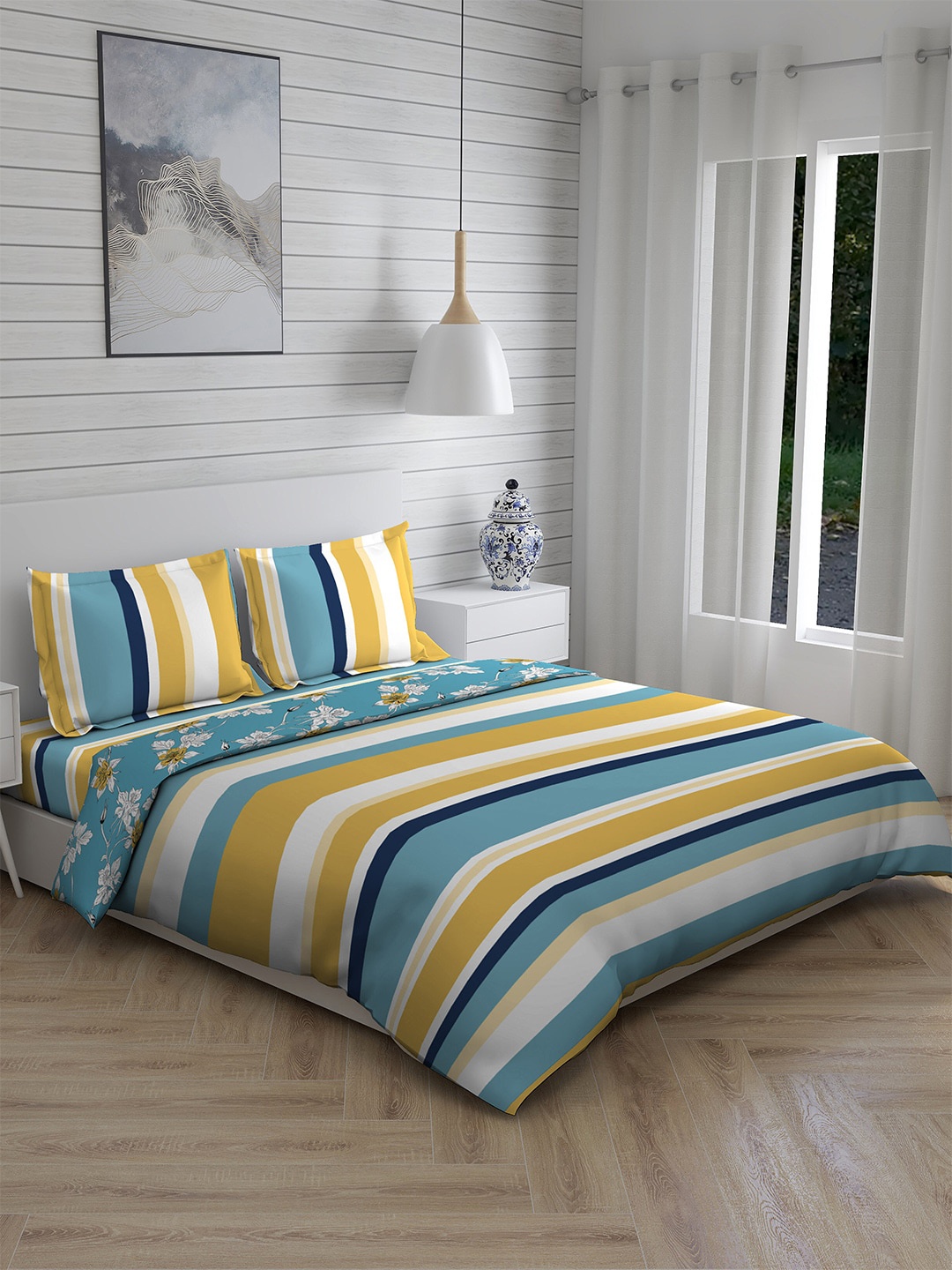 Layers Yellow Striped Cotton Double Queen Bedding Set