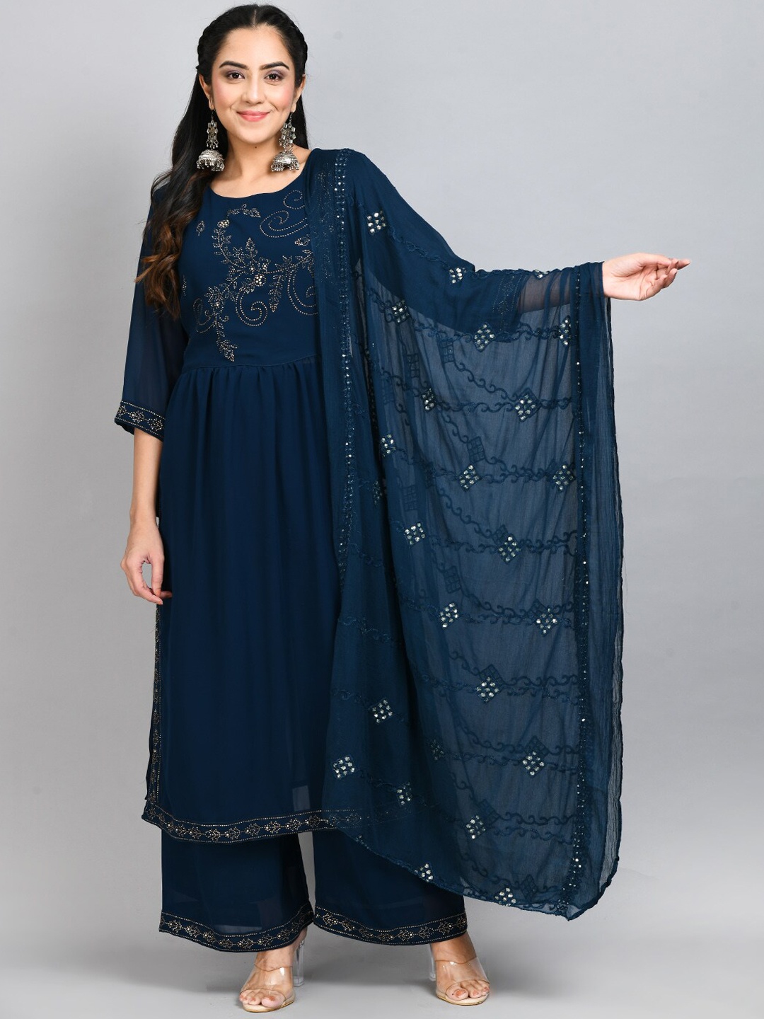 DesiNoor.com Ethnic Motifs Yoke Design Beads and Stones Kurta With Palazzos & Dupatta, Teal
DesiNoor.com Ethnic Motifs Yoke Design Beads and Stones Kurta With Palazzos & Dupatta, Teal