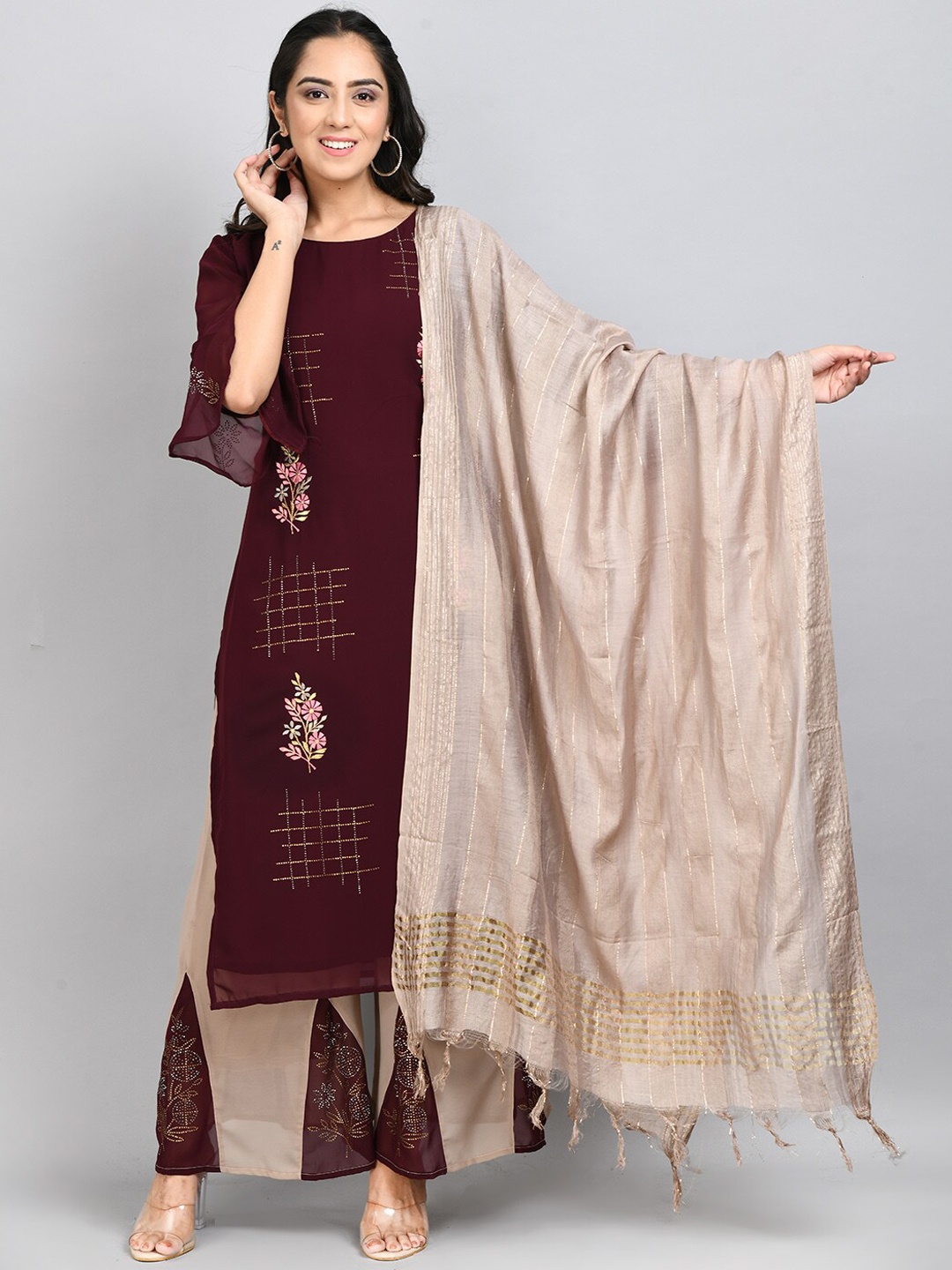 DesiNoor.com Ethnic Motifs Yoke Design Beads and Stones Kurta & Palazzos & Dupatta, Brown