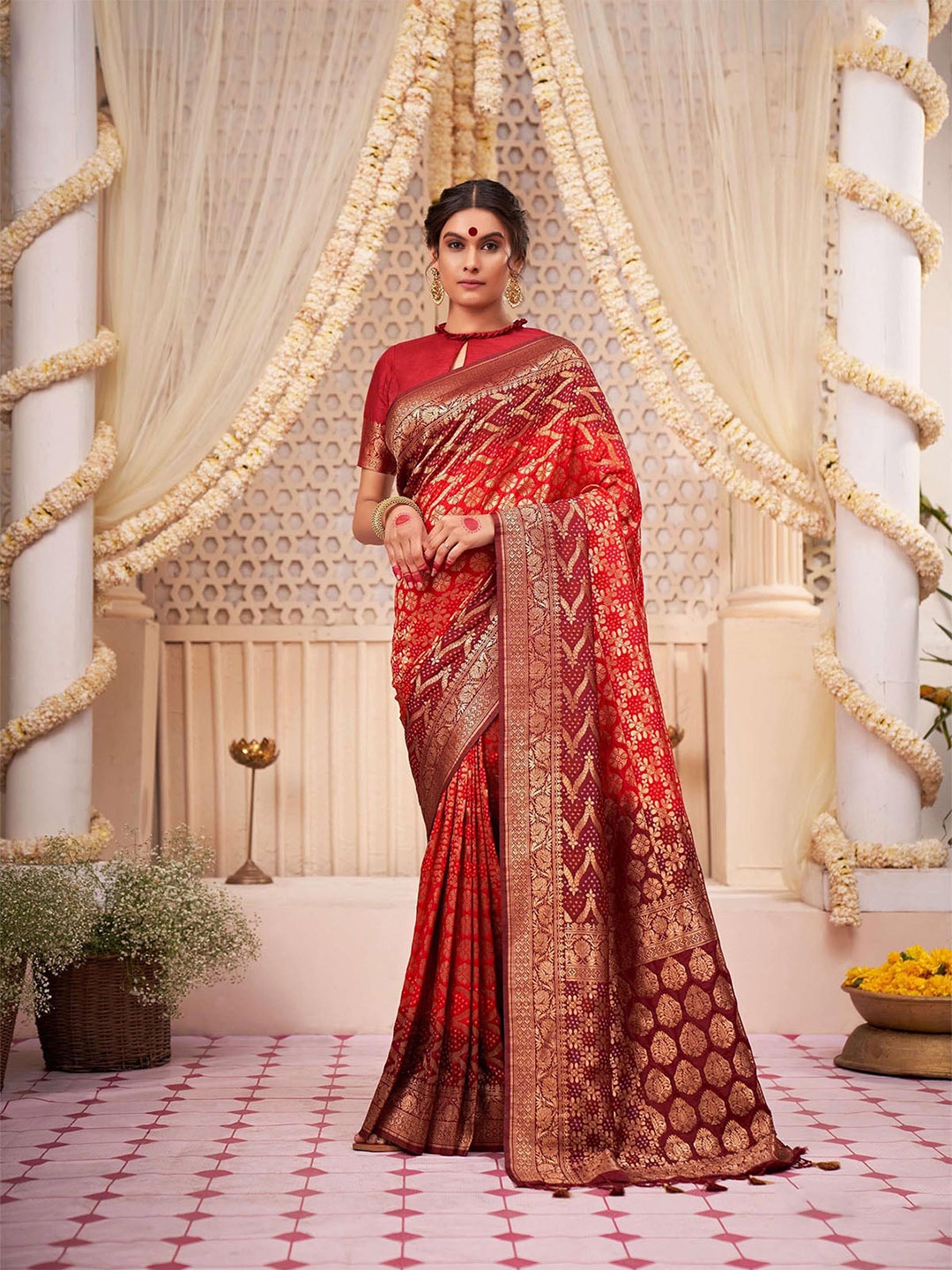 ODETTE Woven Design Zari Silk Blend Saree, Red