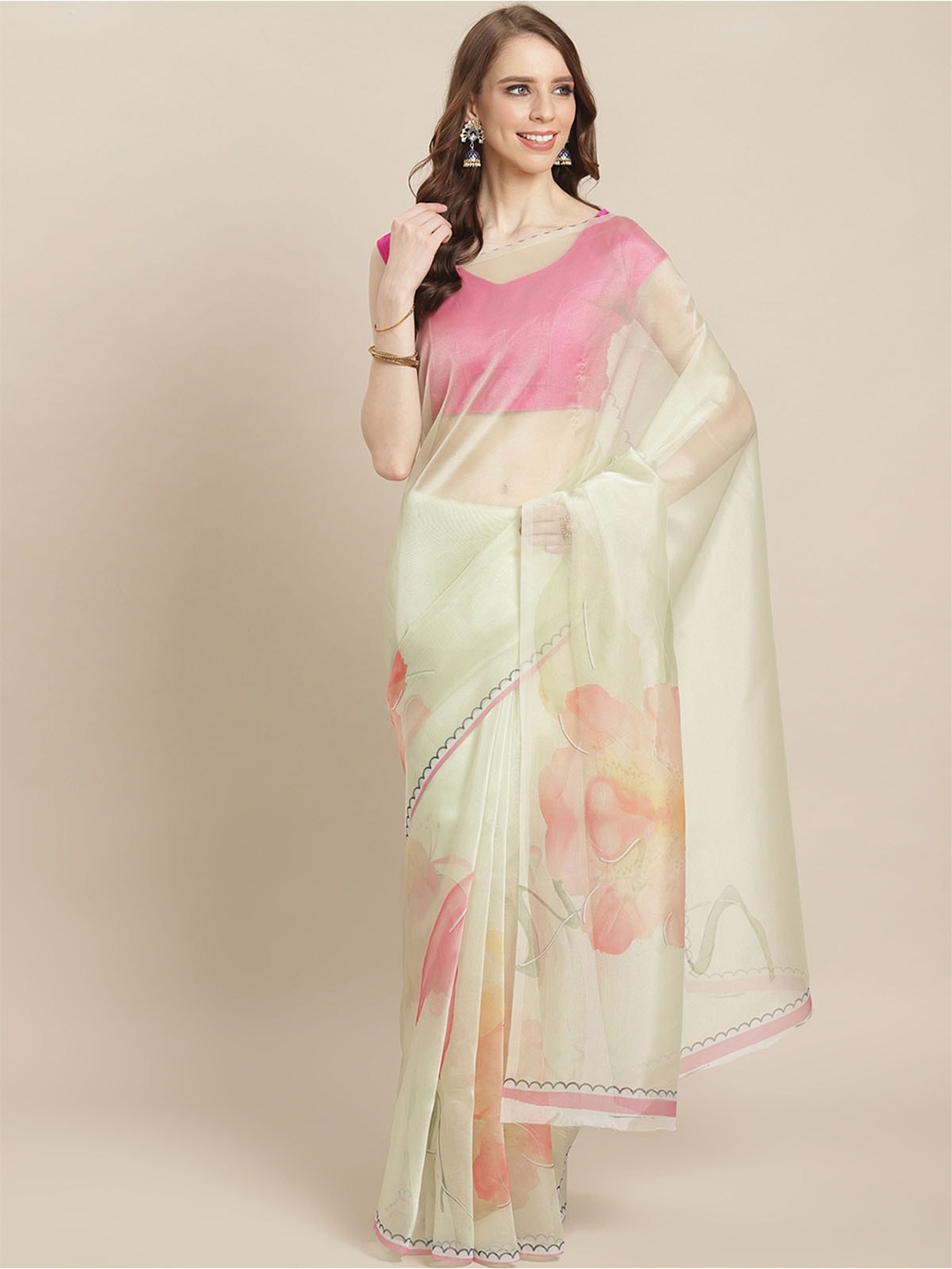 ODETTE Floral Organza Saree, Cream