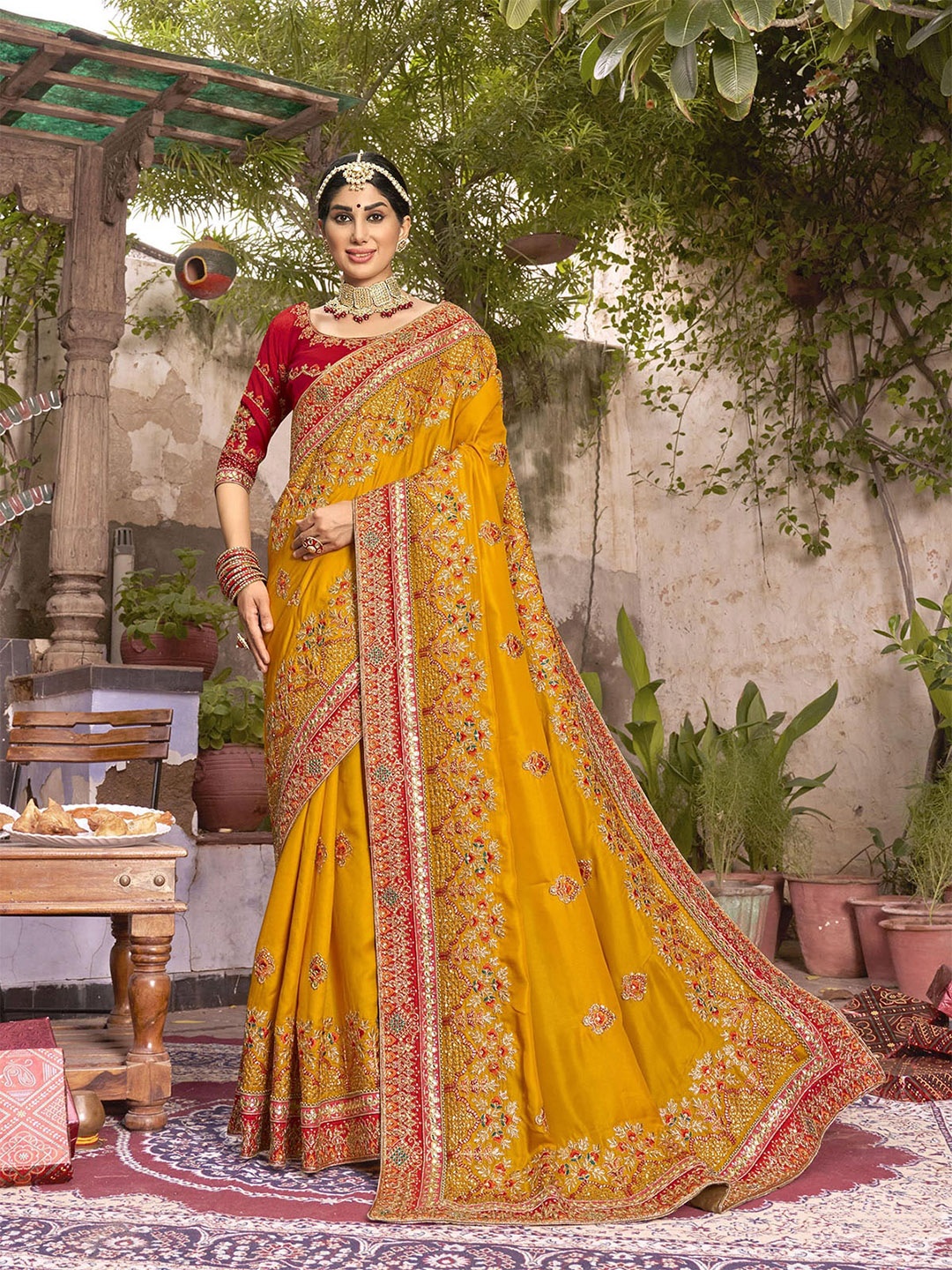 ODETTE Floral Embroidered Art Silk Saree, Mustard