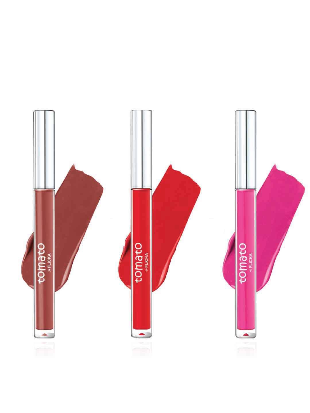 FLiCKA Set Of 3 Tomato Non Transfer Liquid Matte Lipstick - 2ml Each - Brown Nude-02 Tomato Red-06 Barbie Pink-08
FLiCKA Set Of 3 Tomato Non Transfer Liquid Matte Lipstick - 2ml Each - Brown Nude-02 Tomato Red-06 Barbie Pink-08