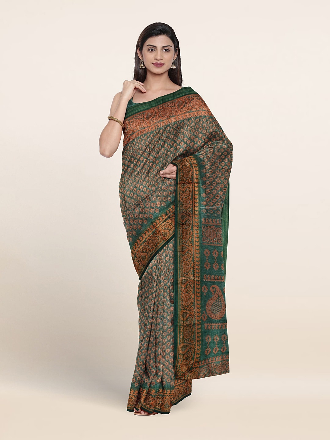 Pothys Printed Cotton Blend Saree, Green
