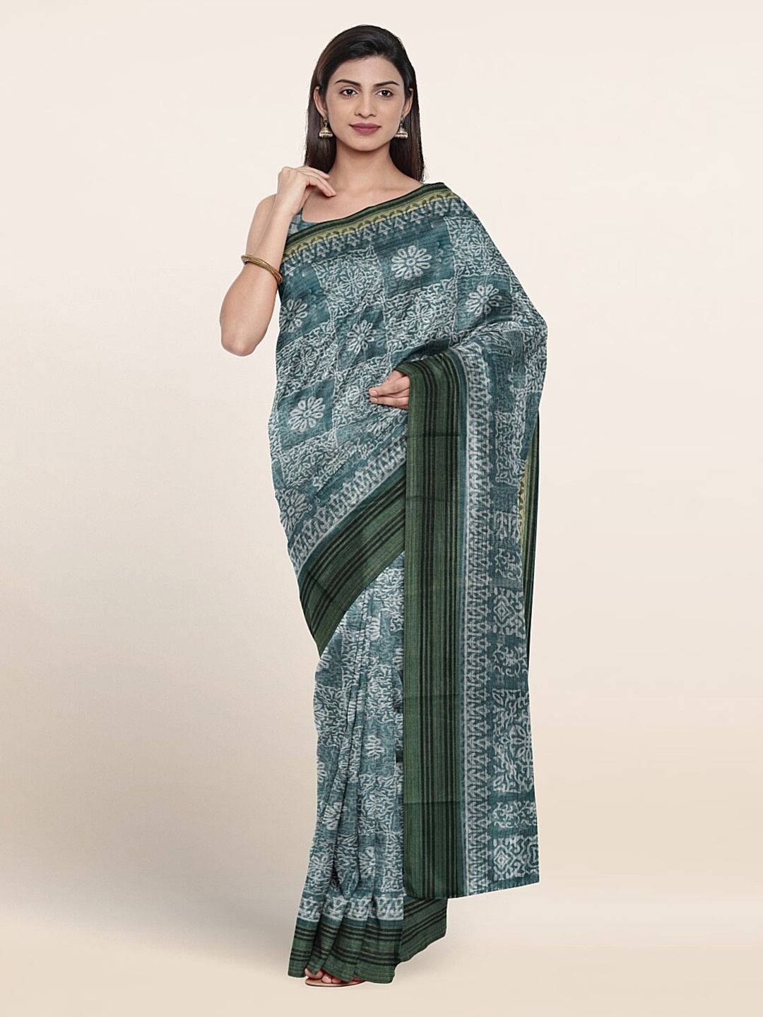 Pothys Floral Printed Cotton Blend Saree, Blue