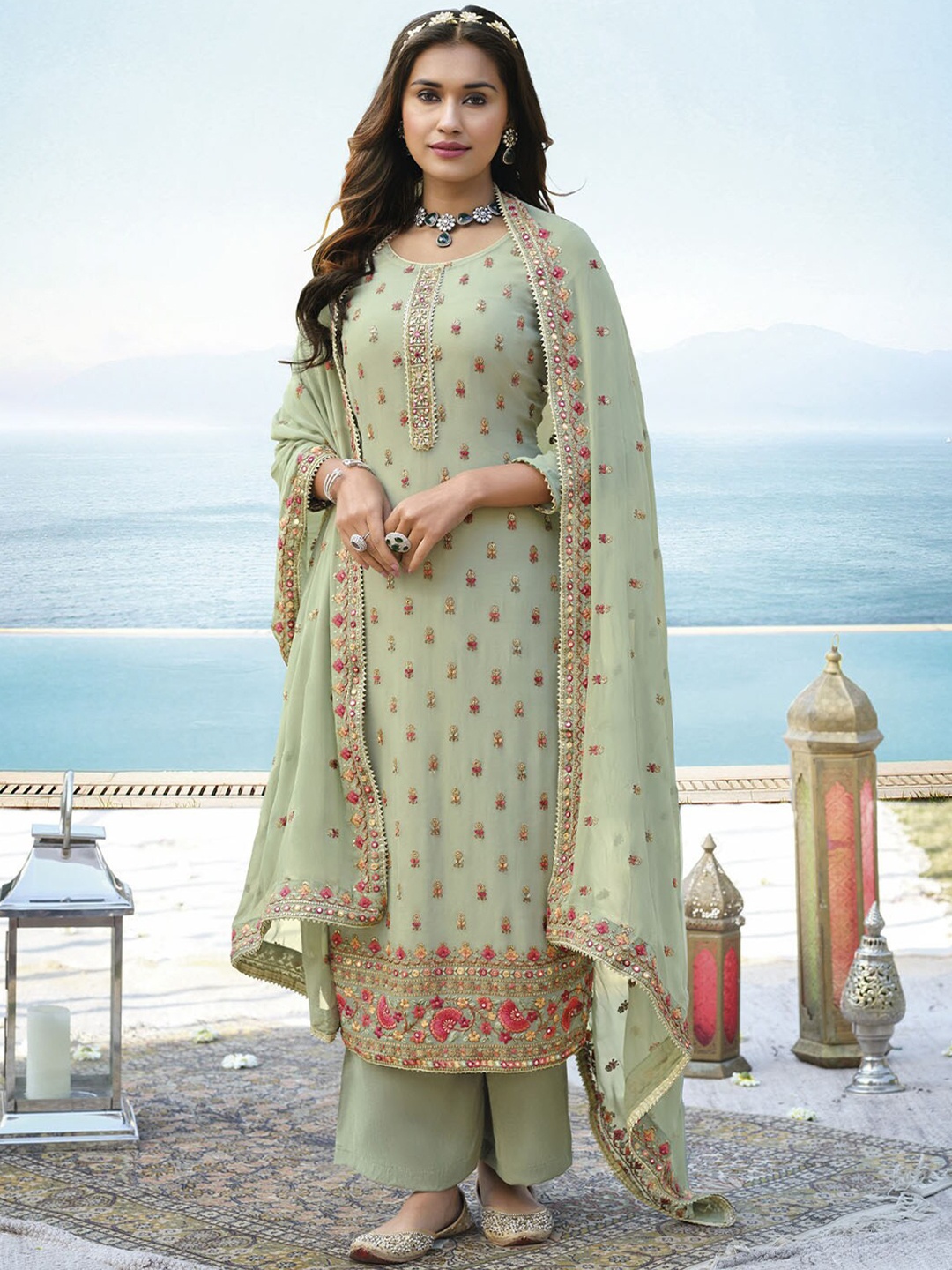 ODETTE Floral Embroidered Mirror Work Semi Stitched Kurta with Palazzos & Dupatta, Green
ODETTE Floral Embroidered Mirror Work Semi Stitched Kurta with Palazzos & Dupatta, Green