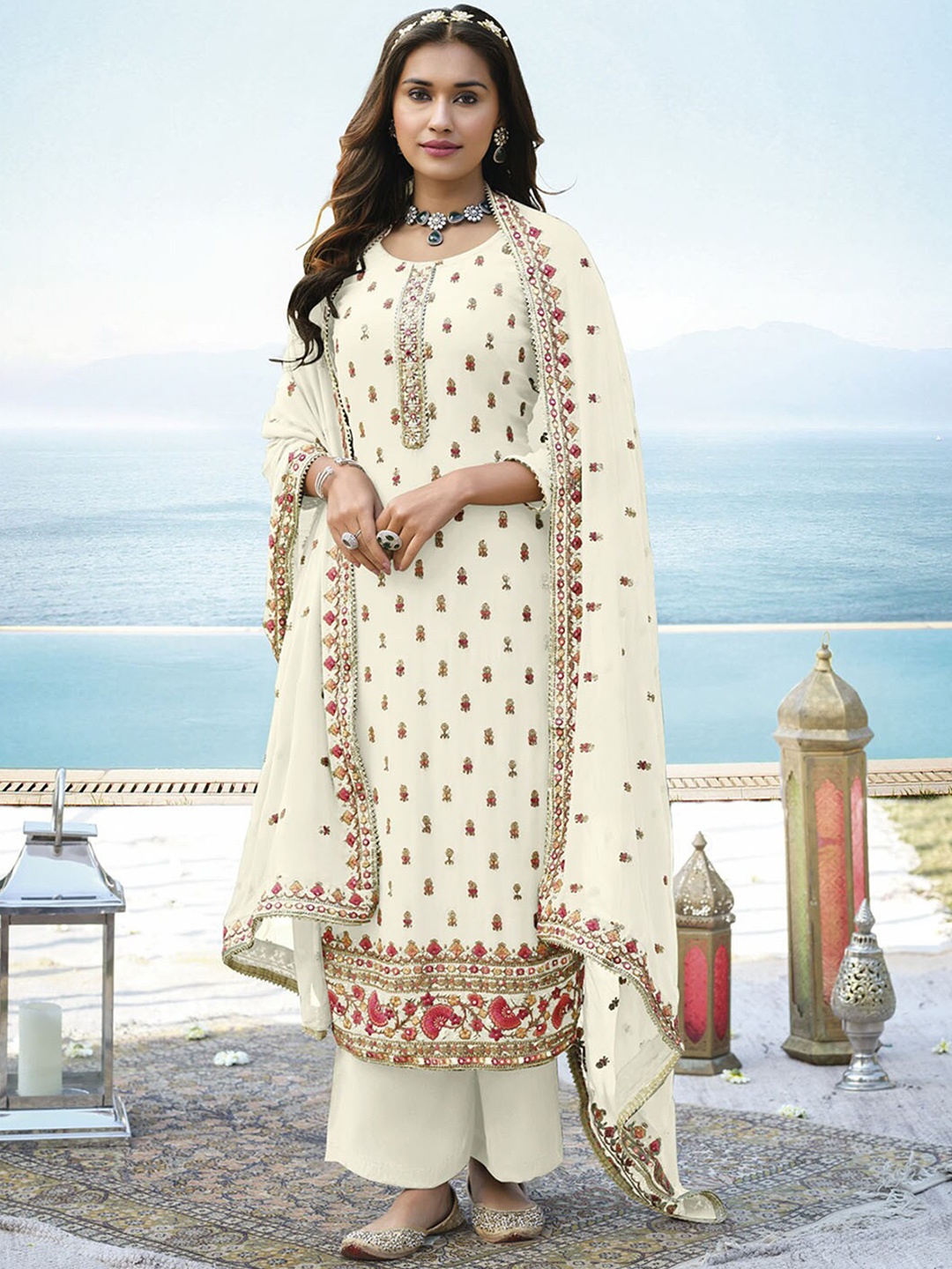 ODETTE Women Ethnic Motifs Embroidered Sequinned Kurta with Palazzos & With Dupatta, Off white
ODETTE Women Ethnic Motifs Embroidered Sequinned Kurta with Palazzos & With Dupatta, Off white