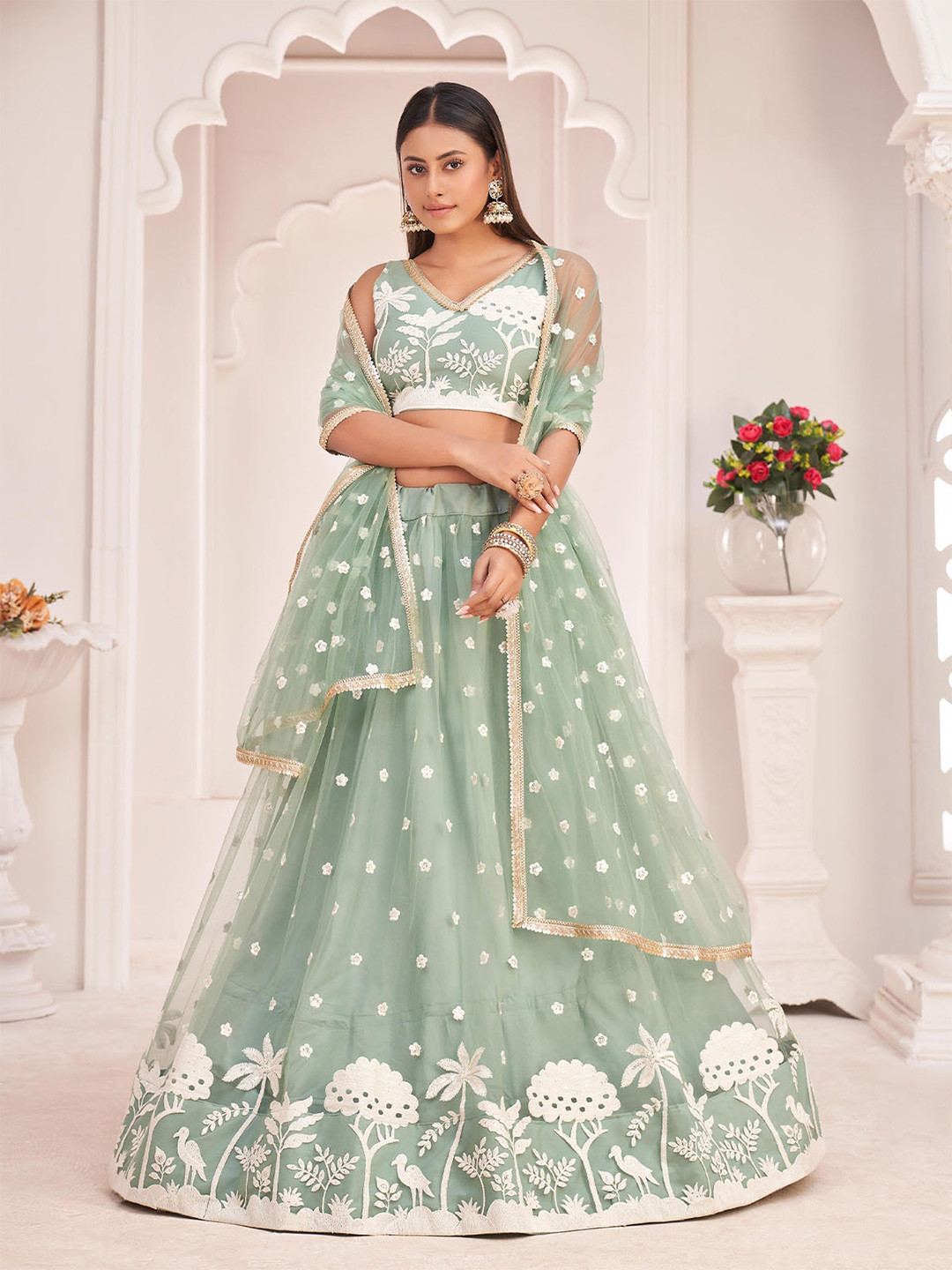 ODETTE Green & Off White Embroidered Sequinned Semi-Stitched Lehenga & Unstitched Blouse With Dupatta
ODETTE Green & Off White Embroidered Sequinned Semi-Stitched Lehenga & Unstitched Blouse With Dupatta