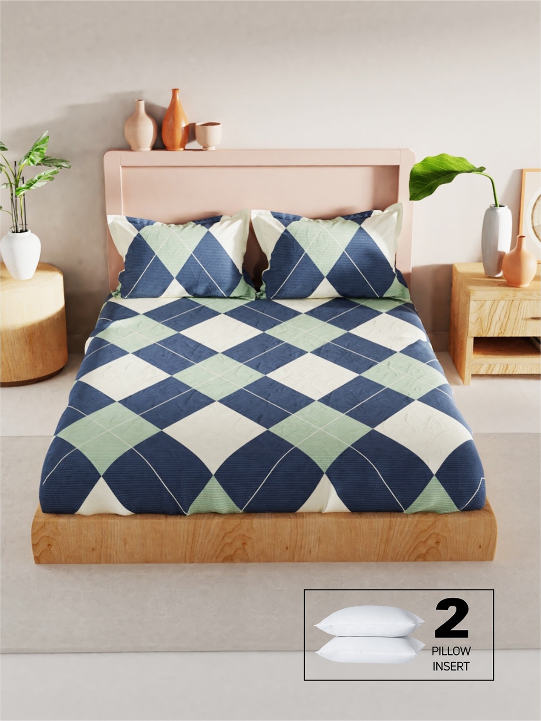 BIANCA Blue & Cream-Coloured Geometric 200 TC King Cotton Bedsheet with 2 Pillow Covers
BIANCA Blue & Cream-Coloured Geometric 200 TC King Cotton Bedsheet with 2 Pillow Covers