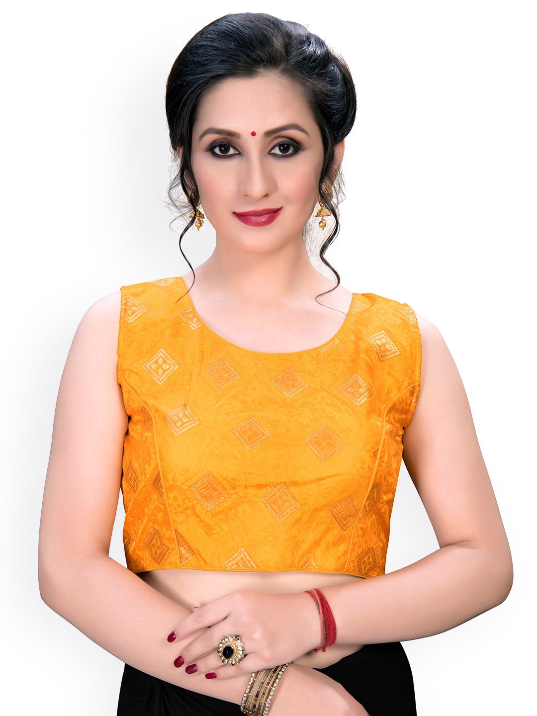 Fab Viva Printed Sleeveless Saree Blouse, Yellow