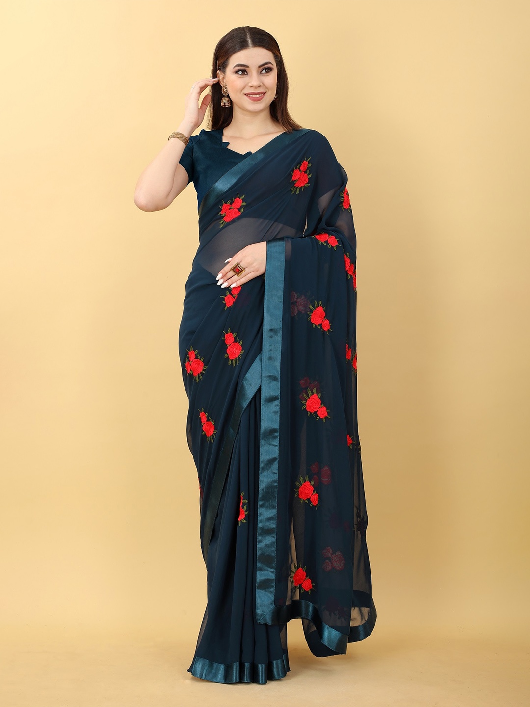 JSItaliya Floral Patchwork Pure Georgette Saree, Sea green