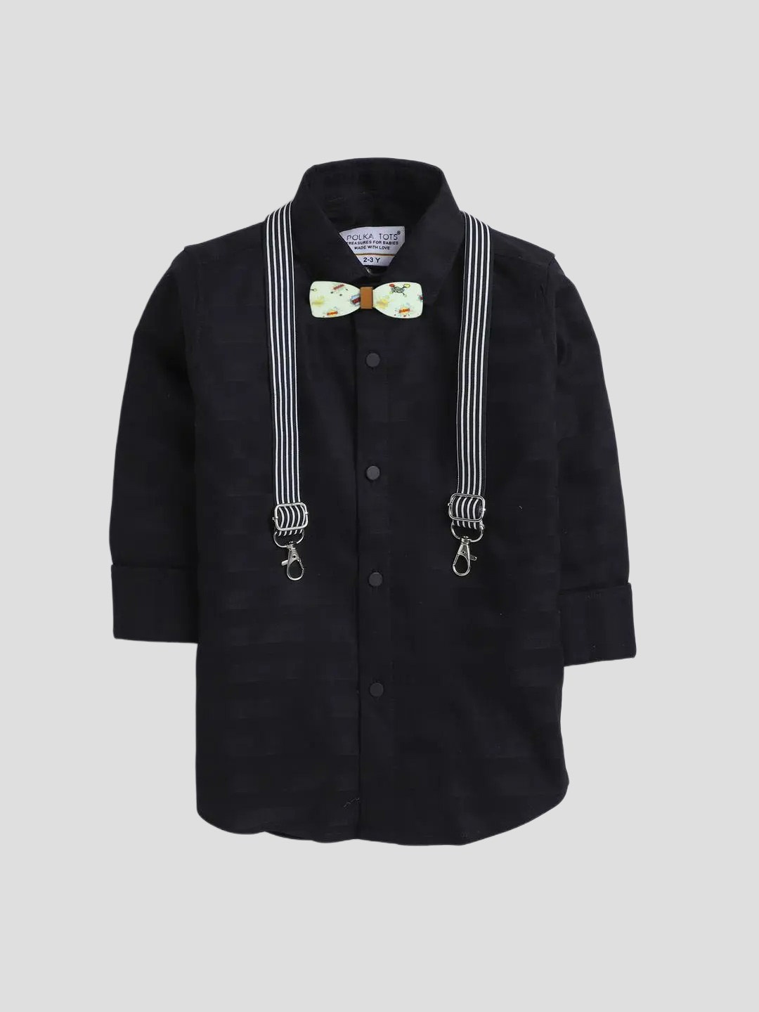 Polka Tots Boys Classic Striped Cotton Casual Shirt With Bow Tie And Suspendor, Black
Polka Tots Boys Classic Striped Cotton Casual Shirt With Bow Tie And Suspendor, Black