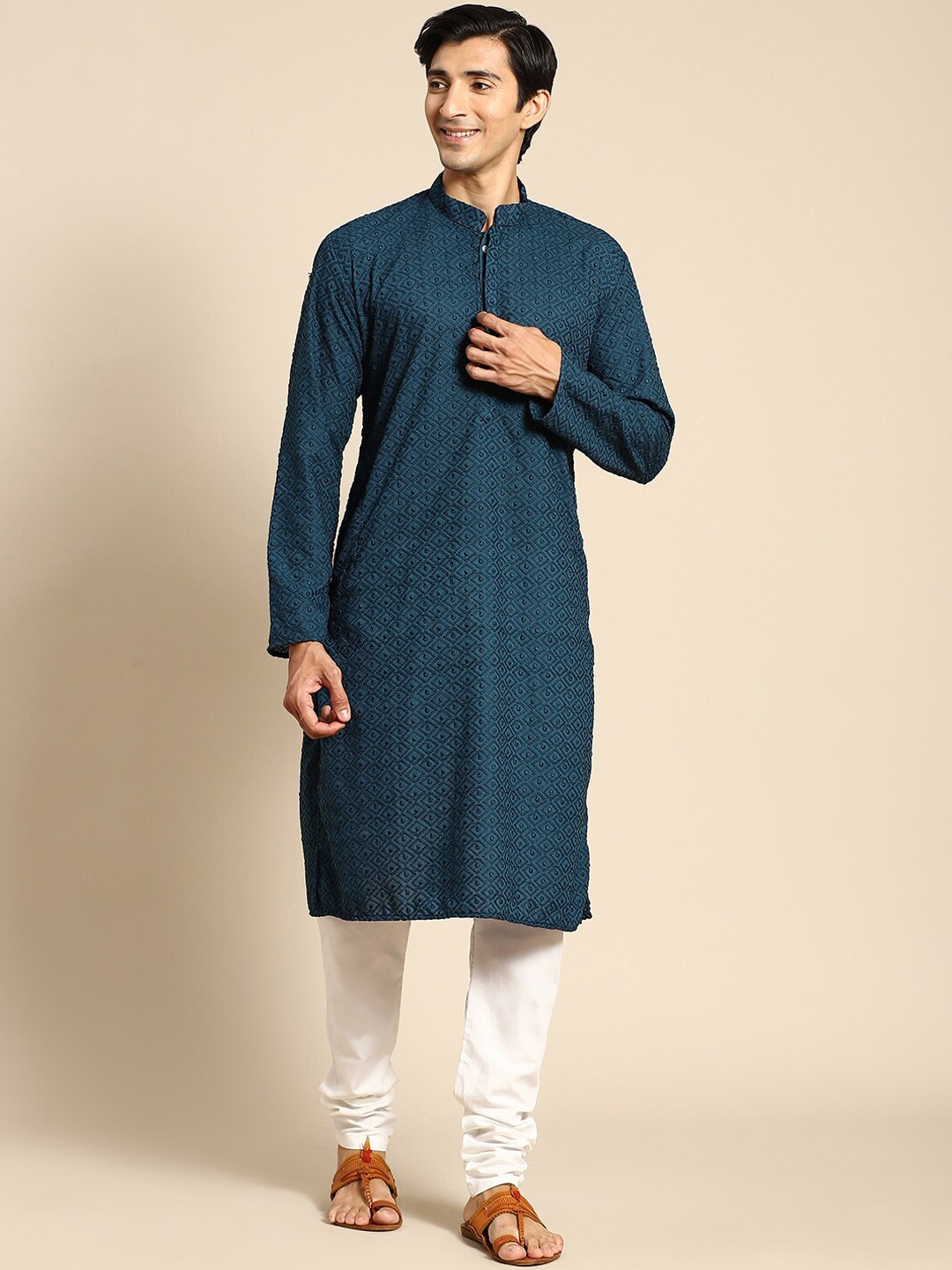 RAJUBHAI HARGOVINDAS Men Chikankari Embroidered Pure Cotton Kurta With Churidar, Teal
RAJUBHAI HARGOVINDAS Men Chikankari Embroidered Pure Cotton Kurta With Churidar, Teal