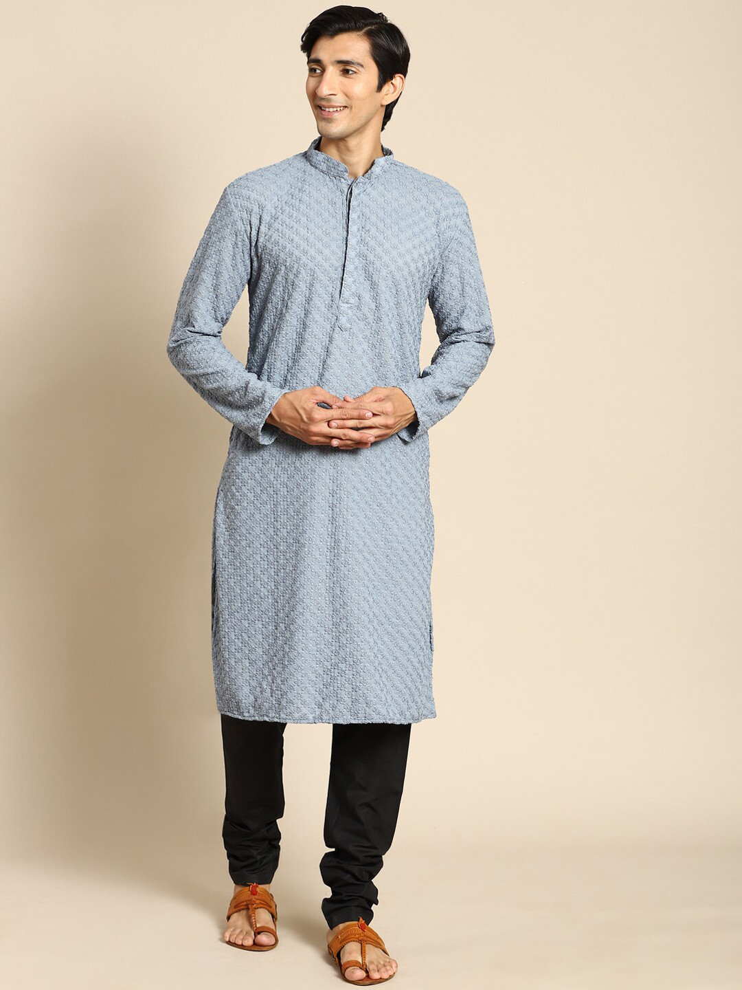 RAJUBHAI HARGOVINDAS Men Floral Chikankari Embroidered Pure Cotton Kurta With Churidar, Grey
RAJUBHAI HARGOVINDAS Men Floral Chikankari Embroidered Pure Cotton Kurta With Churidar, Grey