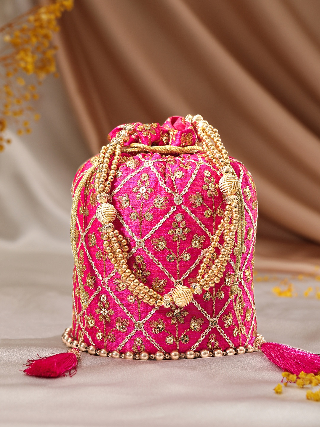 Rubans Embroidered Potli Clutch, Pink