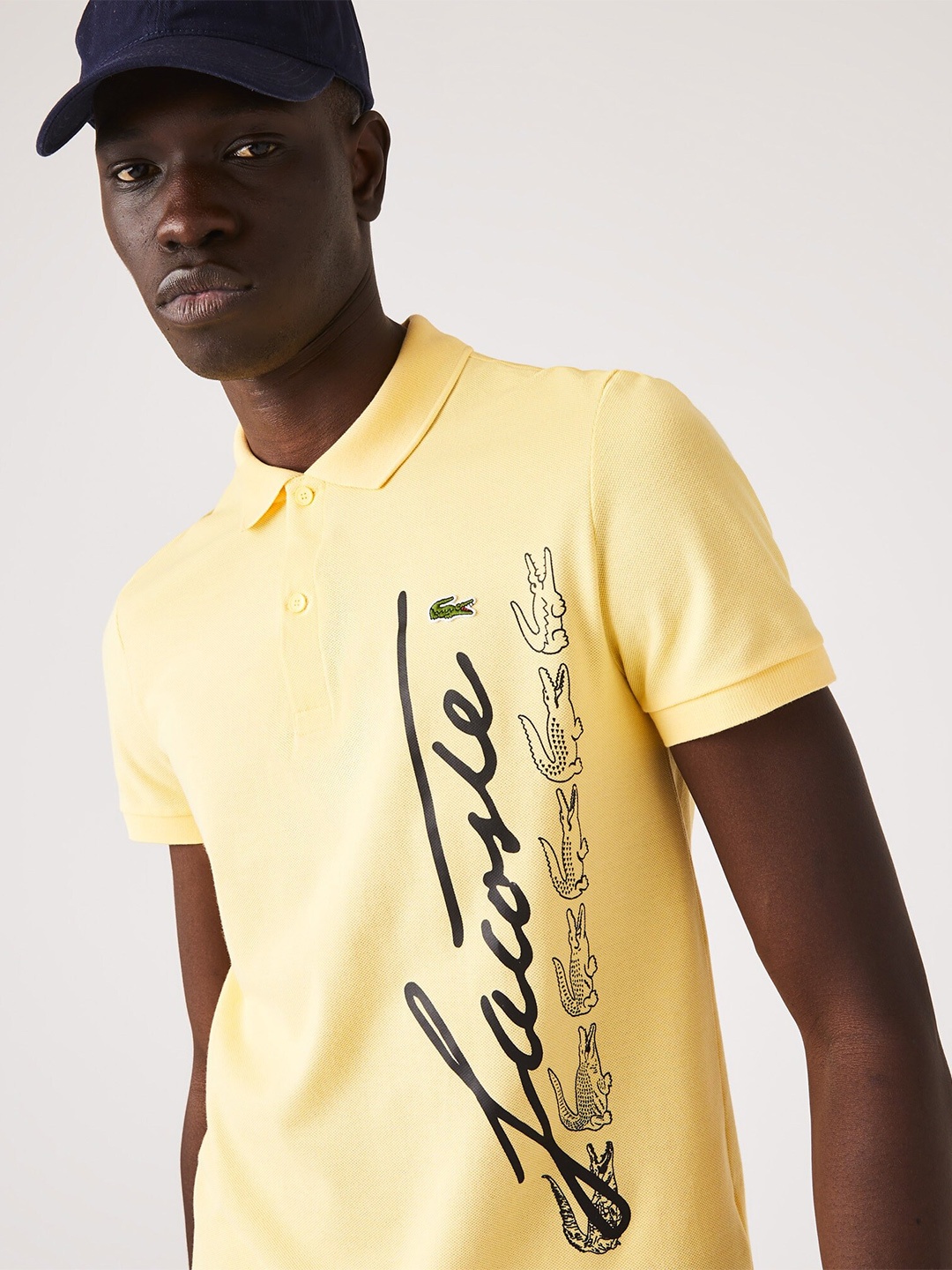 Lacoste Men Typography Printed Pure Cotton Polo Collar T-shirt, Yellow