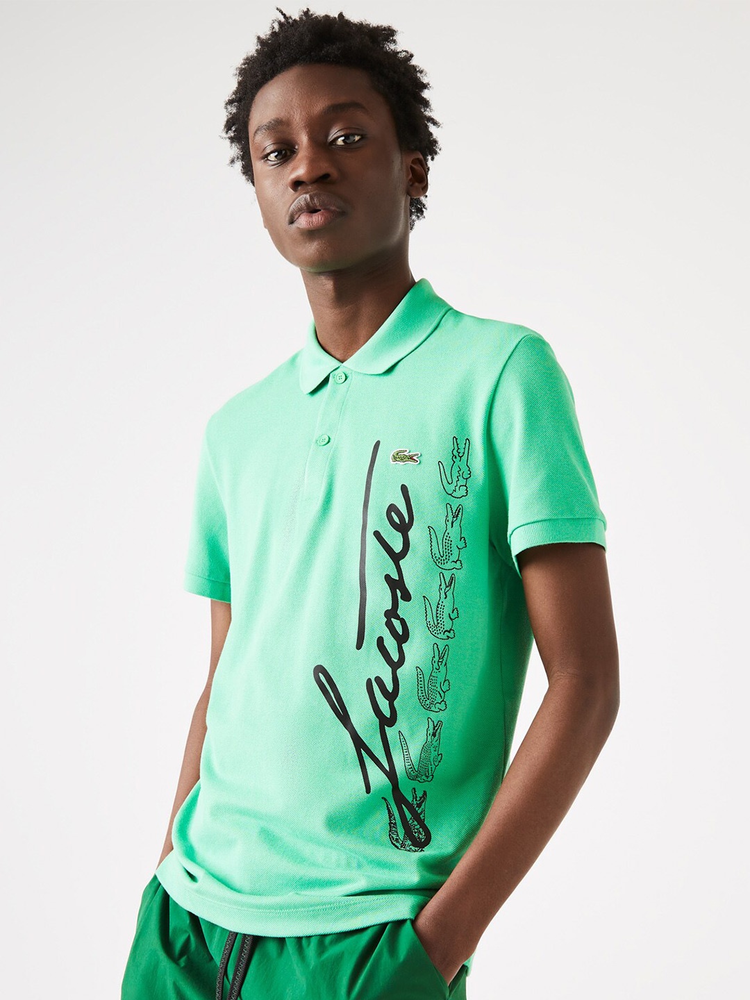 Lacoste Men Typography Printed Polo Collar Pure Cotton T-shirt, Green