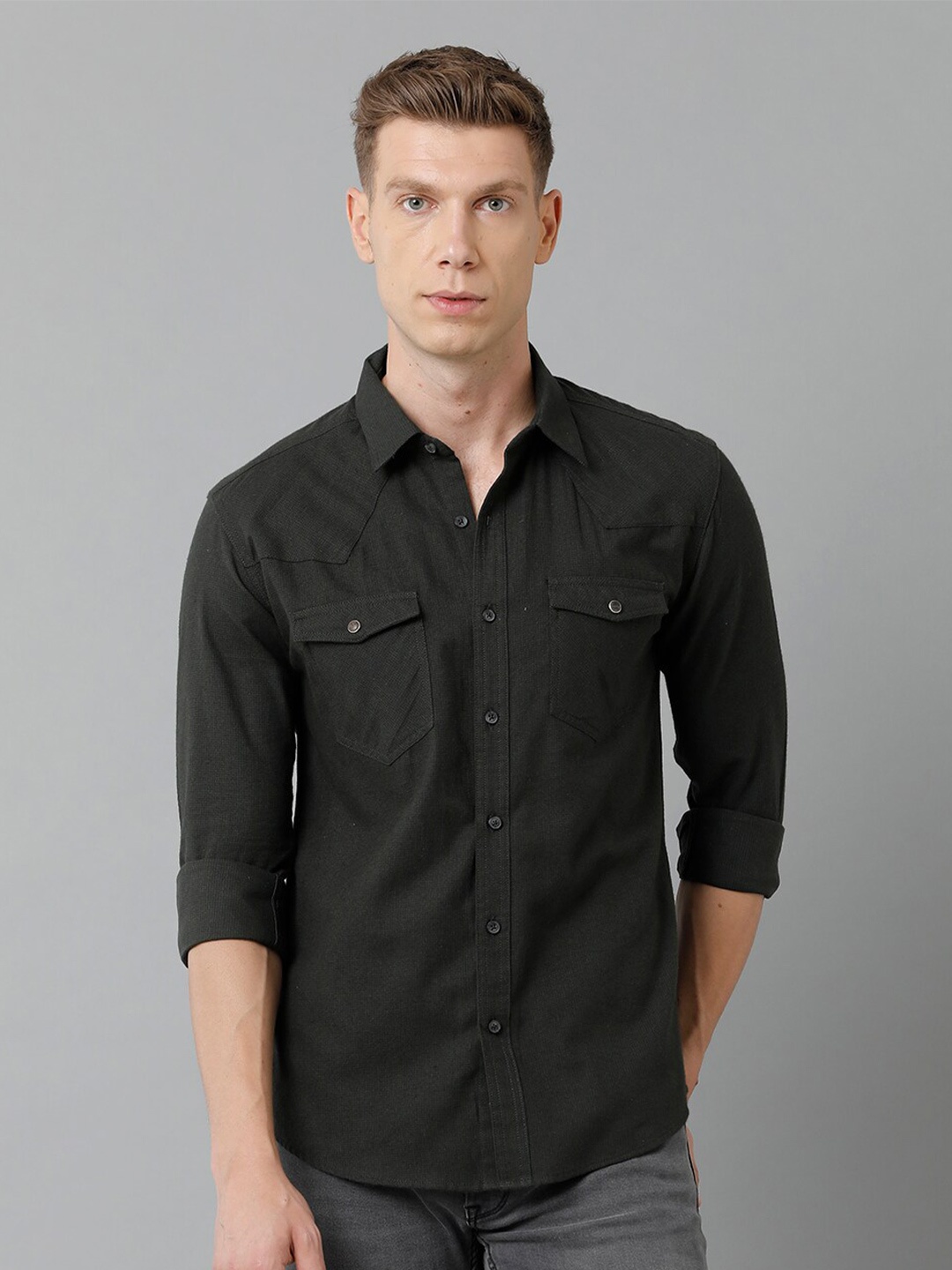 YOVISH Men Cotton Smart Slim Fit Casual Shirt, Black