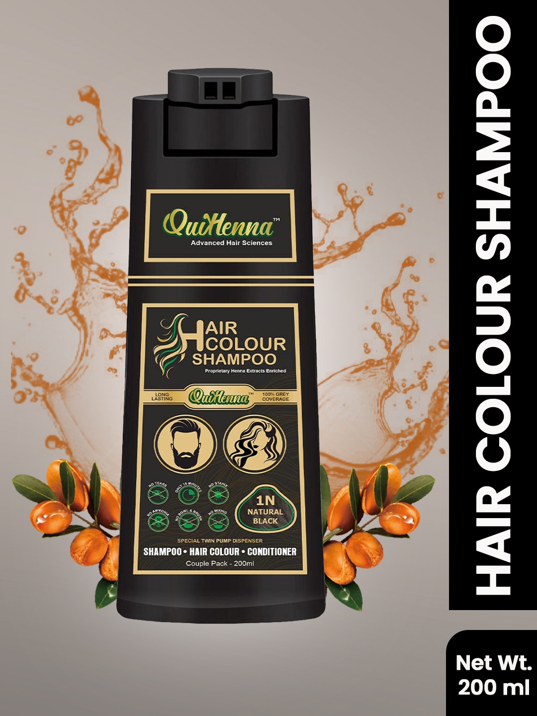 QUIKHENNA 100% Grey Coverage Hair Color Shampoo with Argan Oil 200 ml - Natural Black 1N
QUIKHENNA 100% Grey Coverage Hair Color Shampoo with Argan Oil 200 ml - Natural Black 1N