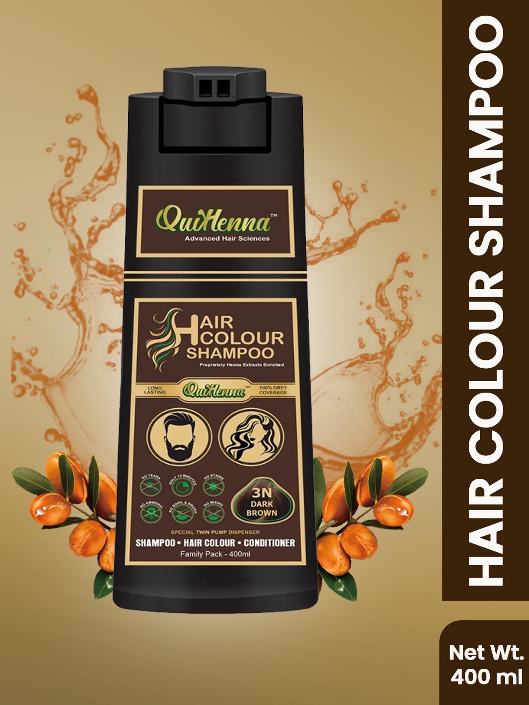 QUIKHENNA 100% Grey Coverage Hair Color Shampoo with Argan Oil 400 ml - Dark Brown 3N
QUIKHENNA 100% Grey Coverage Hair Color Shampoo with Argan Oil 400 ml - Dark Brown 3N