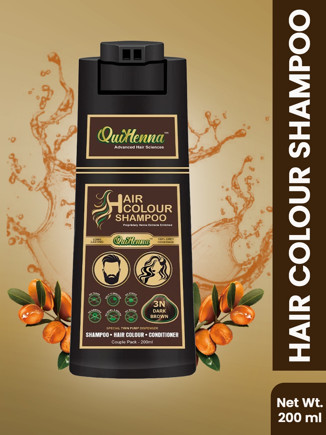 QUIKHENNA 100% Grey Coverage Hair Color Shampoo with Argan Oil 200 ml - Dark Brown 3N
QUIKHENNA 100% Grey Coverage Hair Color Shampoo with Argan Oil 200 ml - Dark Brown 3N