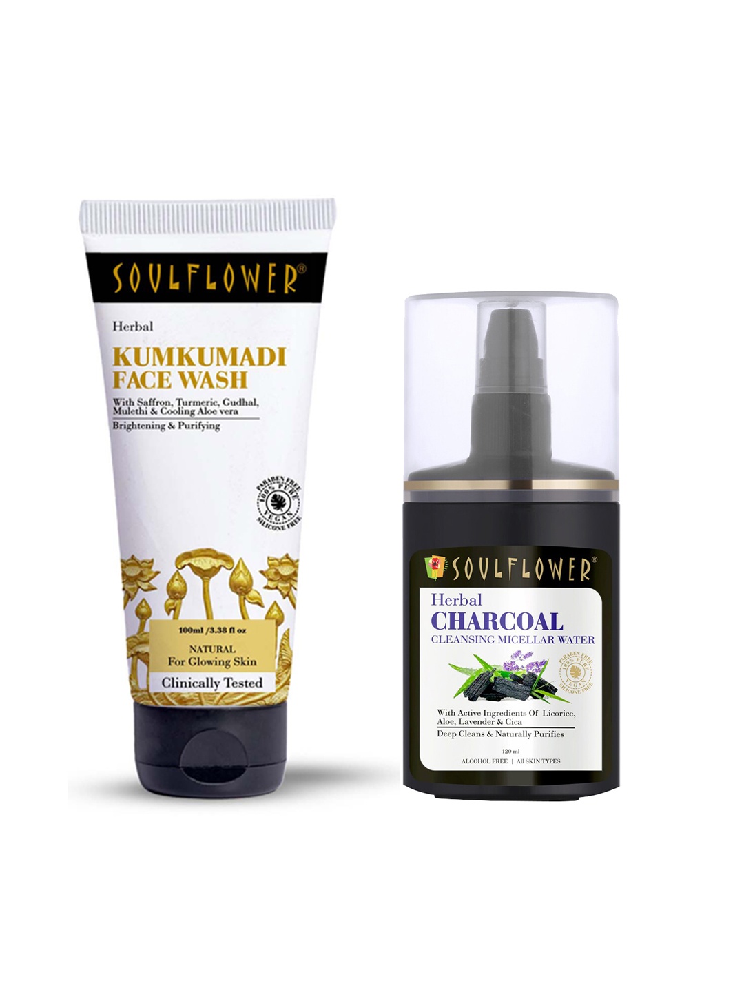 Soulflower Set of Kumkumadi Face Wash 100 ml + Charcoal Cleansing Micellar Water 120 ml, White
Soulflower Set of Kumkumadi Face Wash 100 ml + Charcoal Cleansing Micellar Water 120 ml, White