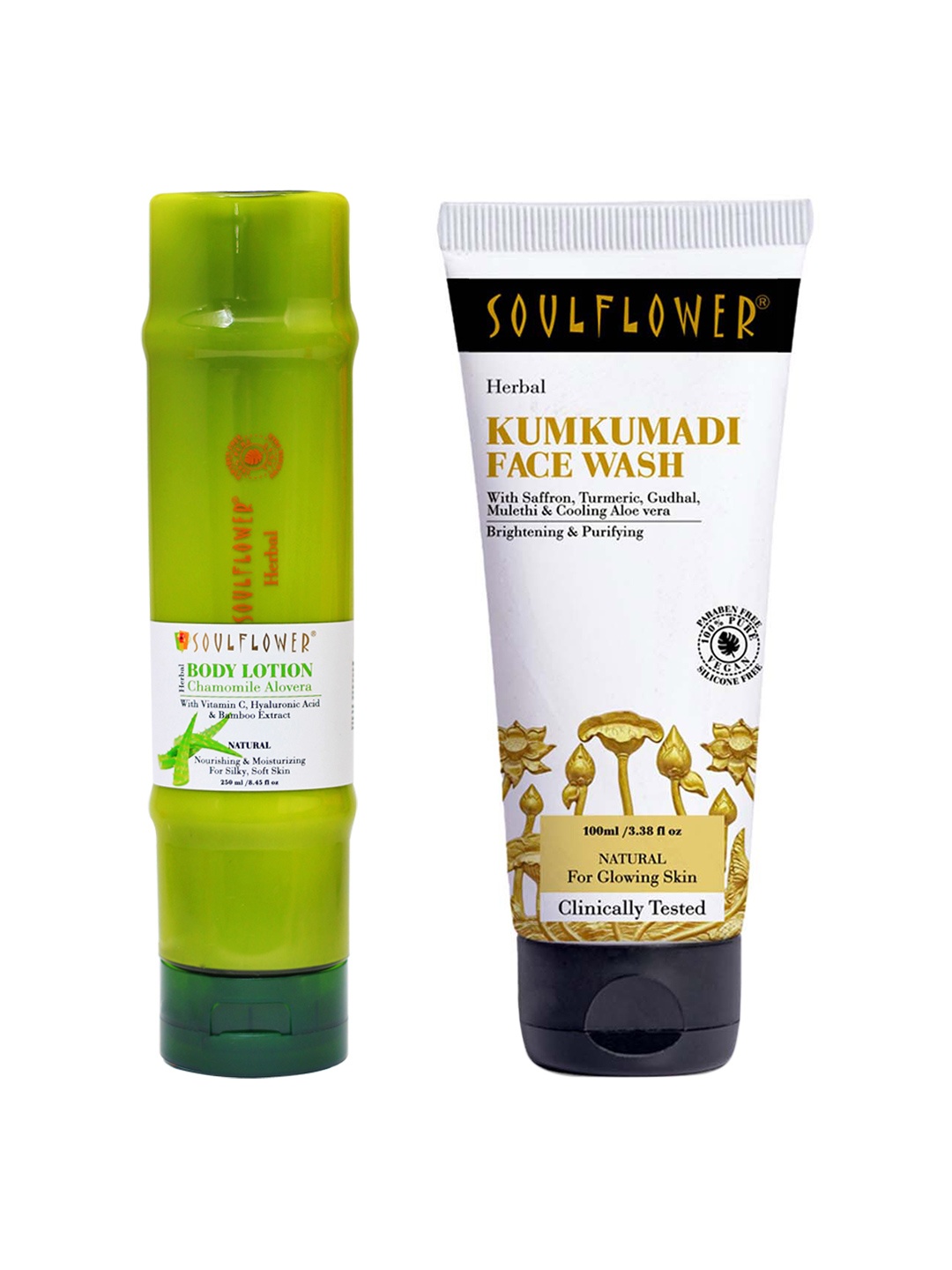 Soulflower Set of Chamomile Aloe Vera Body Lotion 250 ml + Kumkumadi Face Wash 100 ml, Green
Soulflower Set of Chamomile Aloe Vera Body Lotion 250 ml + Kumkumadi Face Wash 100 ml, Green