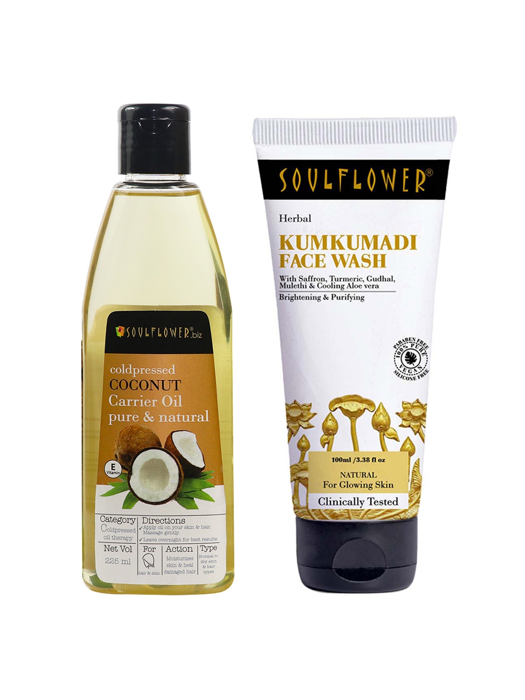 Soulflower Set of Coconut Carrier Oil 225ml + Kumkumadi Face Wash 100 ml, White
Soulflower Set of Coconut Carrier Oil 225ml + Kumkumadi Face Wash 100 ml, White