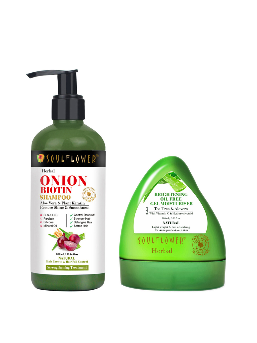 Soulflower Onion Biotin Shampoo 300ml & Brightening Aloe Vera Gel Moisturiser 100ml, Green
Soulflower Onion Biotin Shampoo 300ml & Brightening Aloe Vera Gel Moisturiser 100ml, Green
