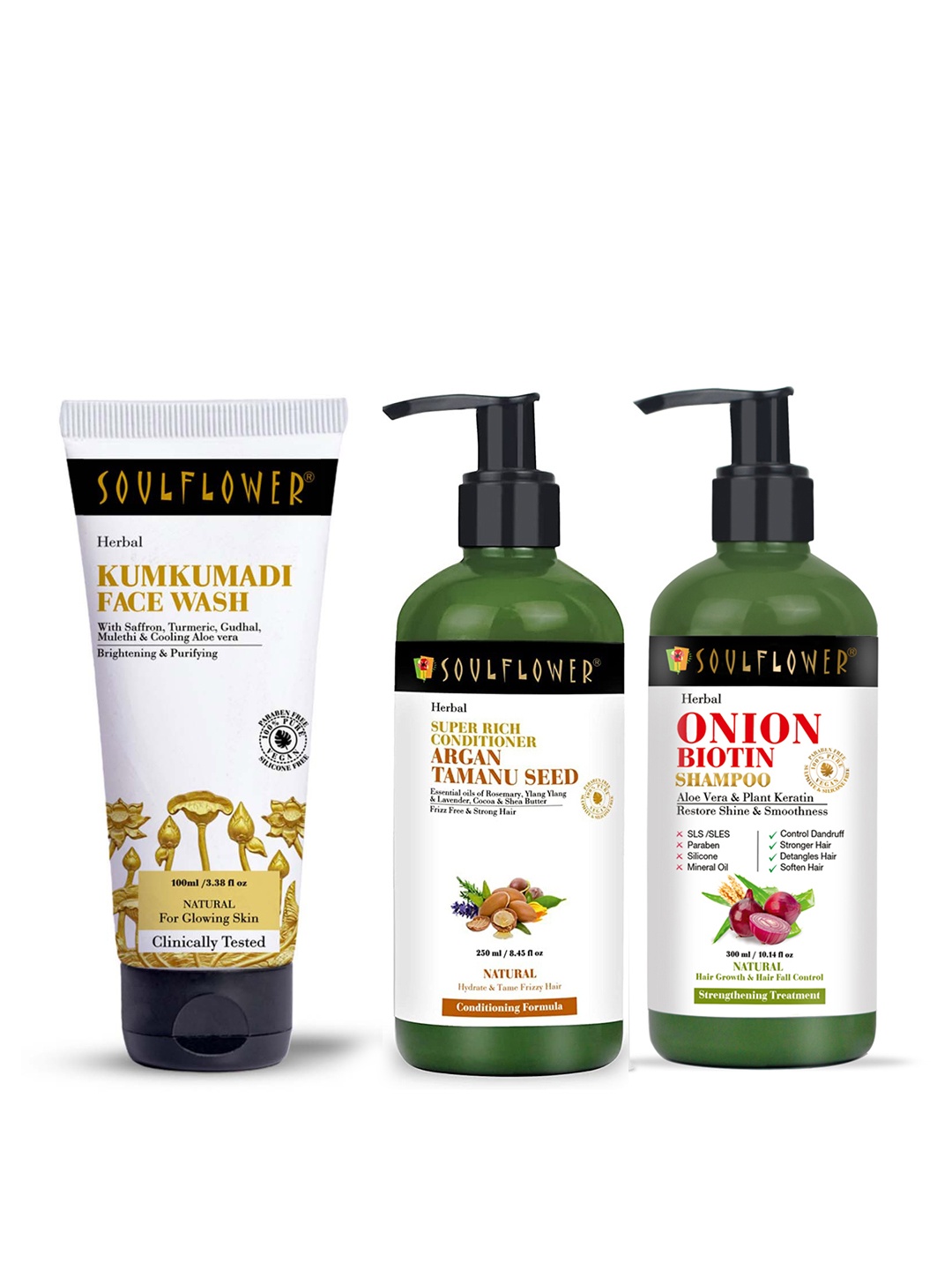Soulflower Set of Argan & Tamanu Conditioner + Onion Biotin Shampoo + Ubtan Face Wash, White
Soulflower Set of Argan & Tamanu Conditioner + Onion Biotin Shampoo + Ubtan Face Wash, White
