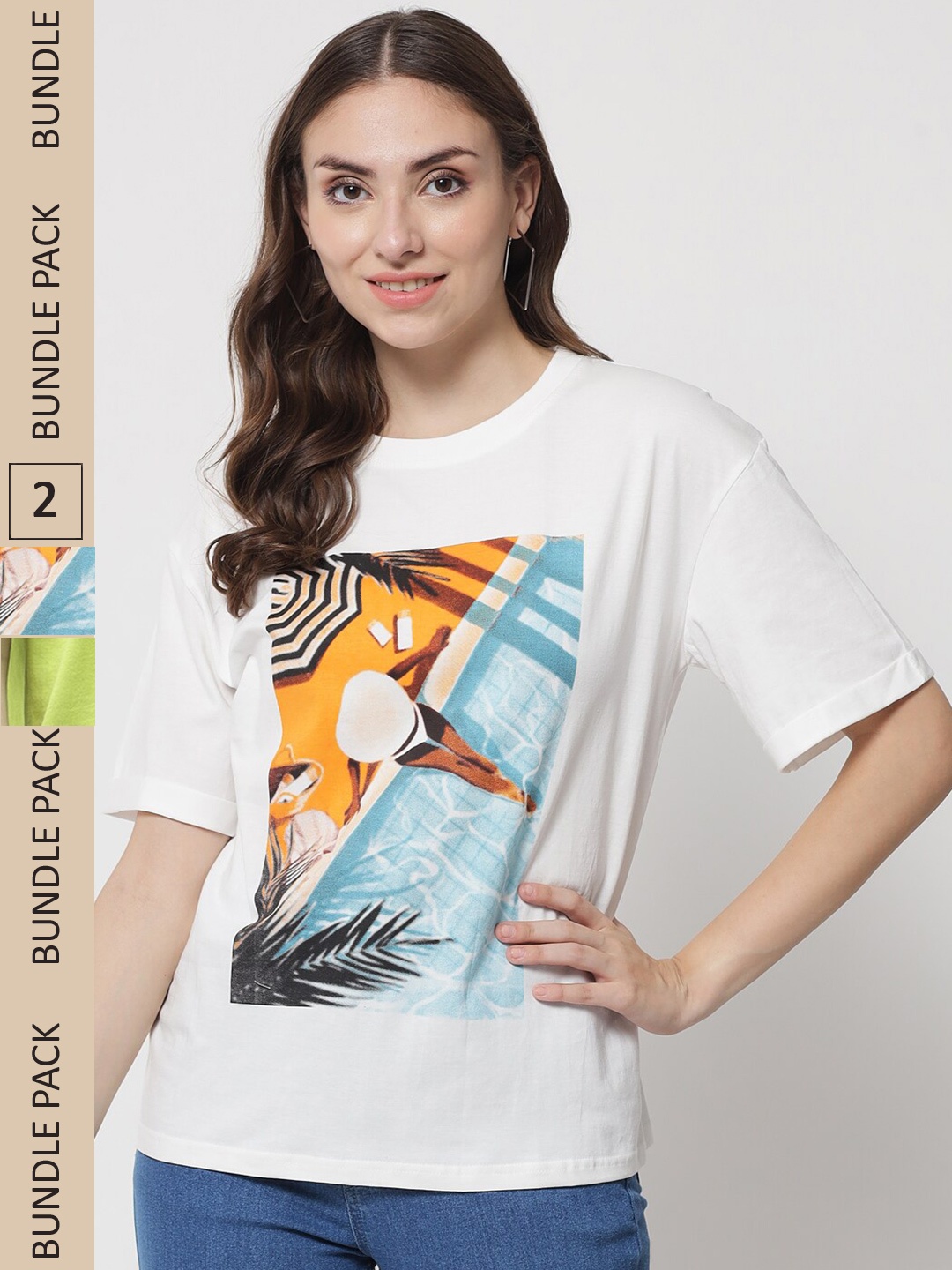 The Dry State Women Pack Of 2 Cotton Printed Oversize T-shirt, Fluorescent green