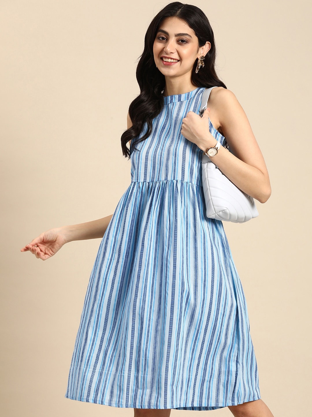 Anouk Pure Cotton Striped Fit & Flare Dress, Blue