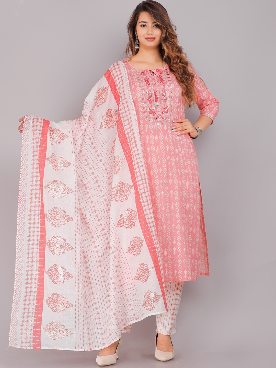 KALINI Ethnic Motifs Printed Mirror Work Kurta with Trousers & Pure Cotton Dupatta, Pink
KALINI Ethnic Motifs Printed Mirror Work Kurta with Trousers & Pure Cotton Dupatta, Pink